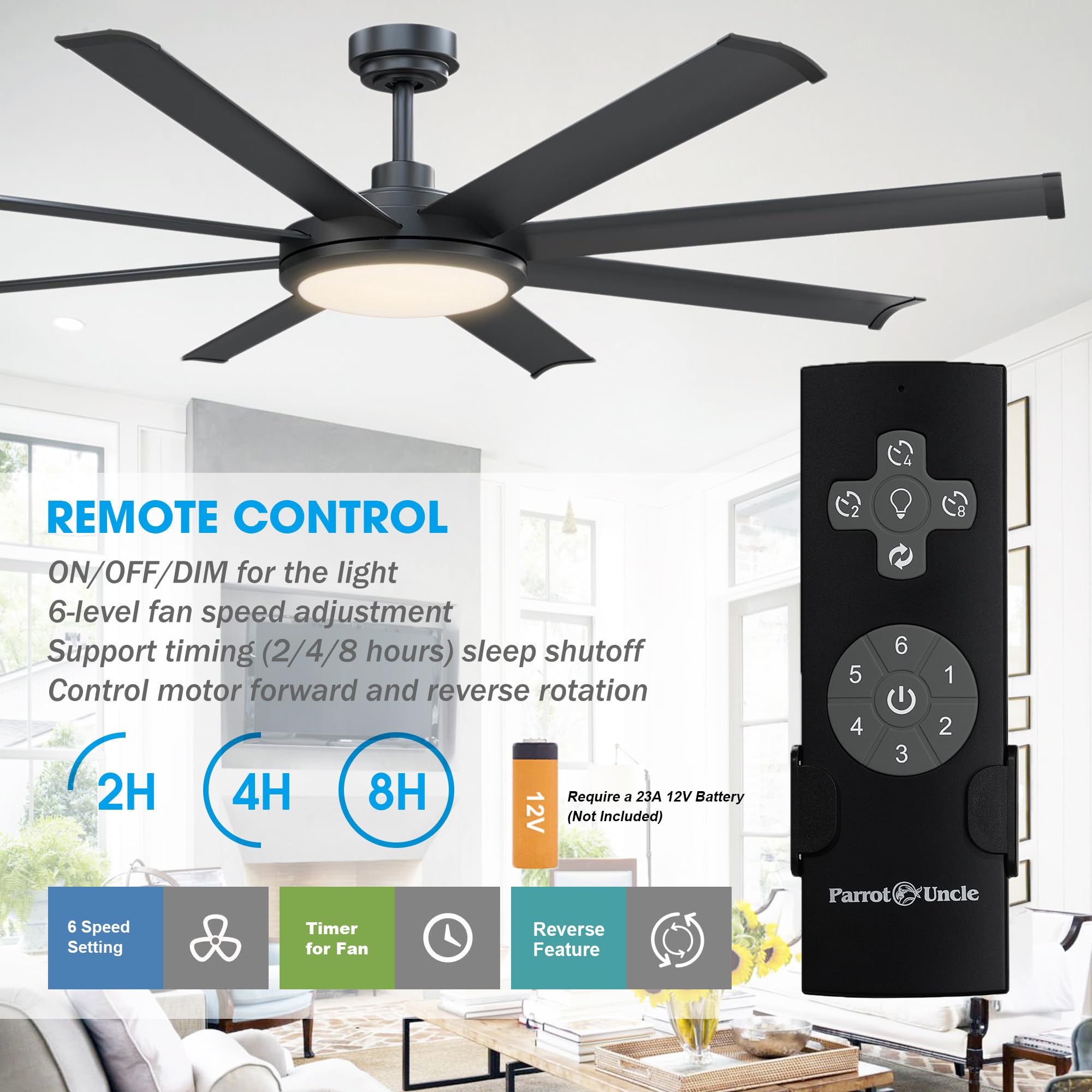 60 Inch Black Ceiling Fan with Lights and Remote - Modern Flush Mount DC Motor Fan for Bedroom, Living Room & Outdoor Use - Energy Efficient LED Lighting, Reversible 8 Blades - Perfect for Home Cooling and Air Circulation (Ventilador de Techo con Luz)
