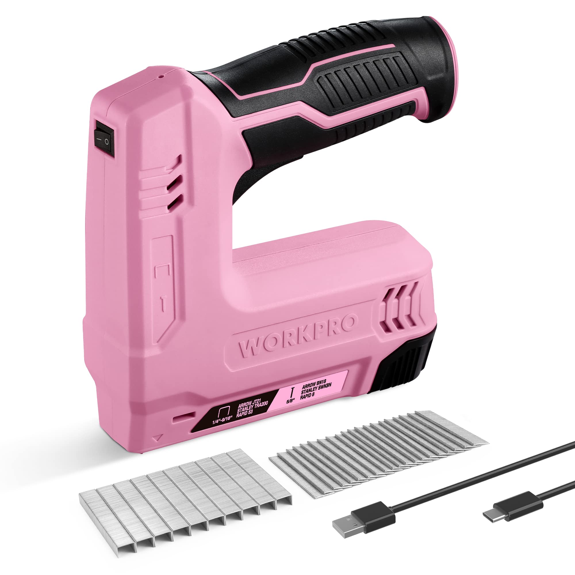 WORKPRO 3.6V Cordless 2-in-1 Staple and Nail Gun with 2.0Ah Battery, USB Charger & 2000PCS Staples/Nails - Pink Ribbon | for Upholstery, DIY Projects, Home Decor, Crafts, Woodworking & Furniture Repair