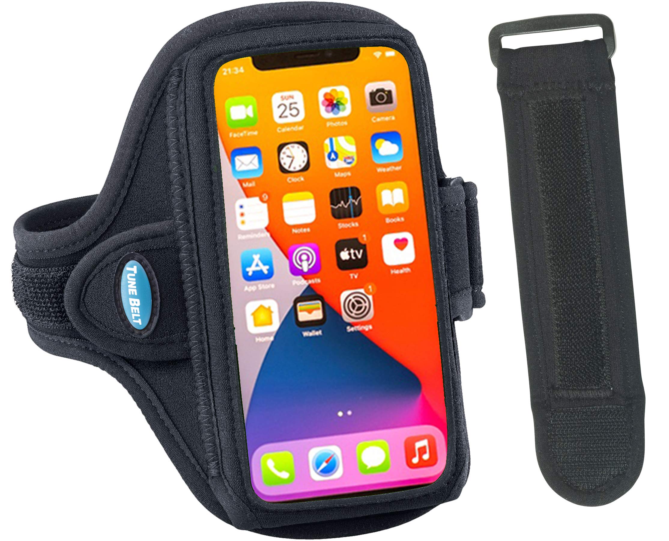Tune Belt AB91EX3 Armband for iPhone 16/15/14/13/12 & Samsung Galaxy S24/S23 - Adjustable Sweat-Resistant Phone Holder for Running, Jogging, Workouts - Secure Fit with EX3 Extender (Black) - Perfect for Gym, Outdoor Sports & Fitness Activities