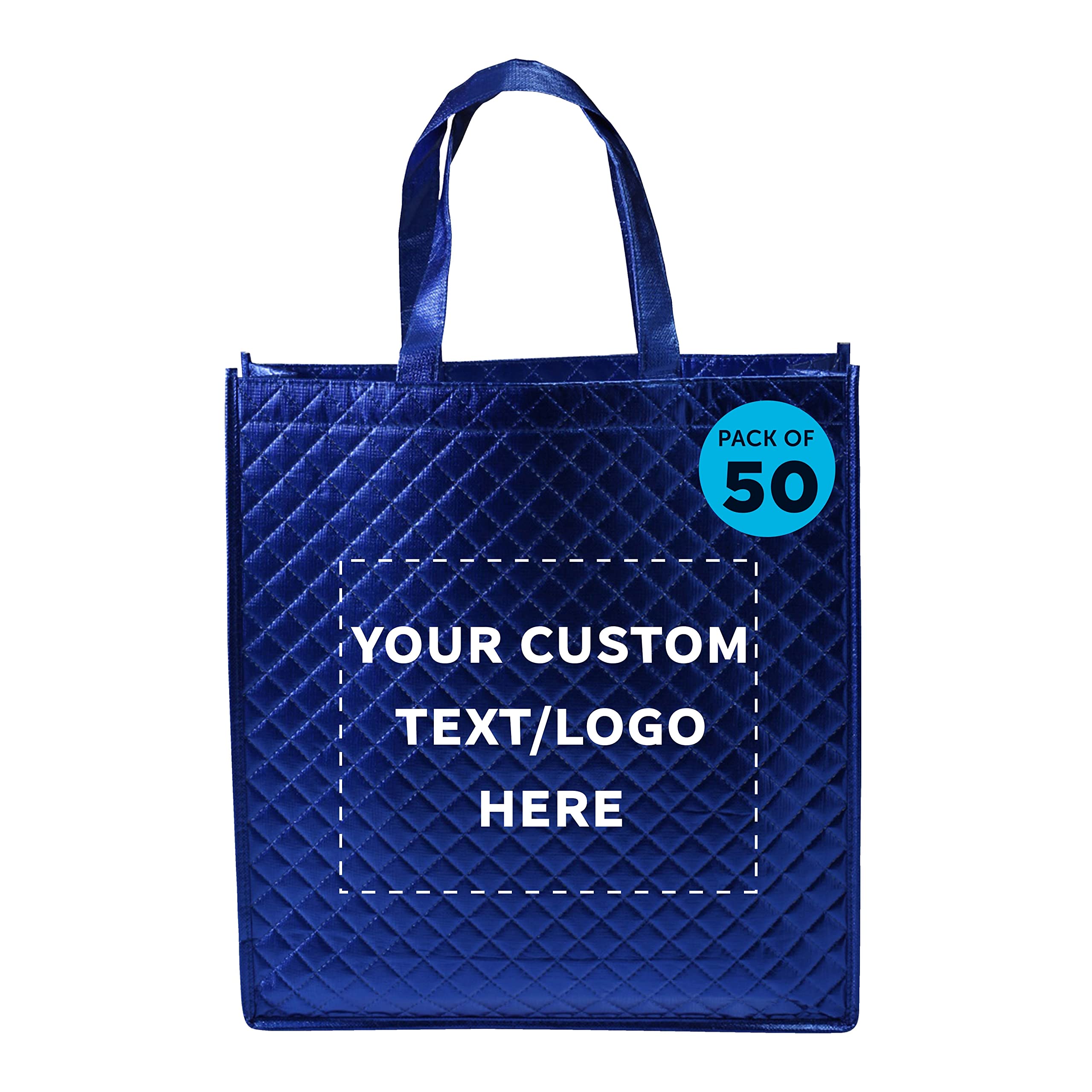 Custom Luxury Laminated Tote Bags - Bulk Pack of 50 Personalized Reusable Shopping Bags | Royal Blue | Perfect for Beach Outings, Wedding Favors, Corporate Events & Retail Promotions
