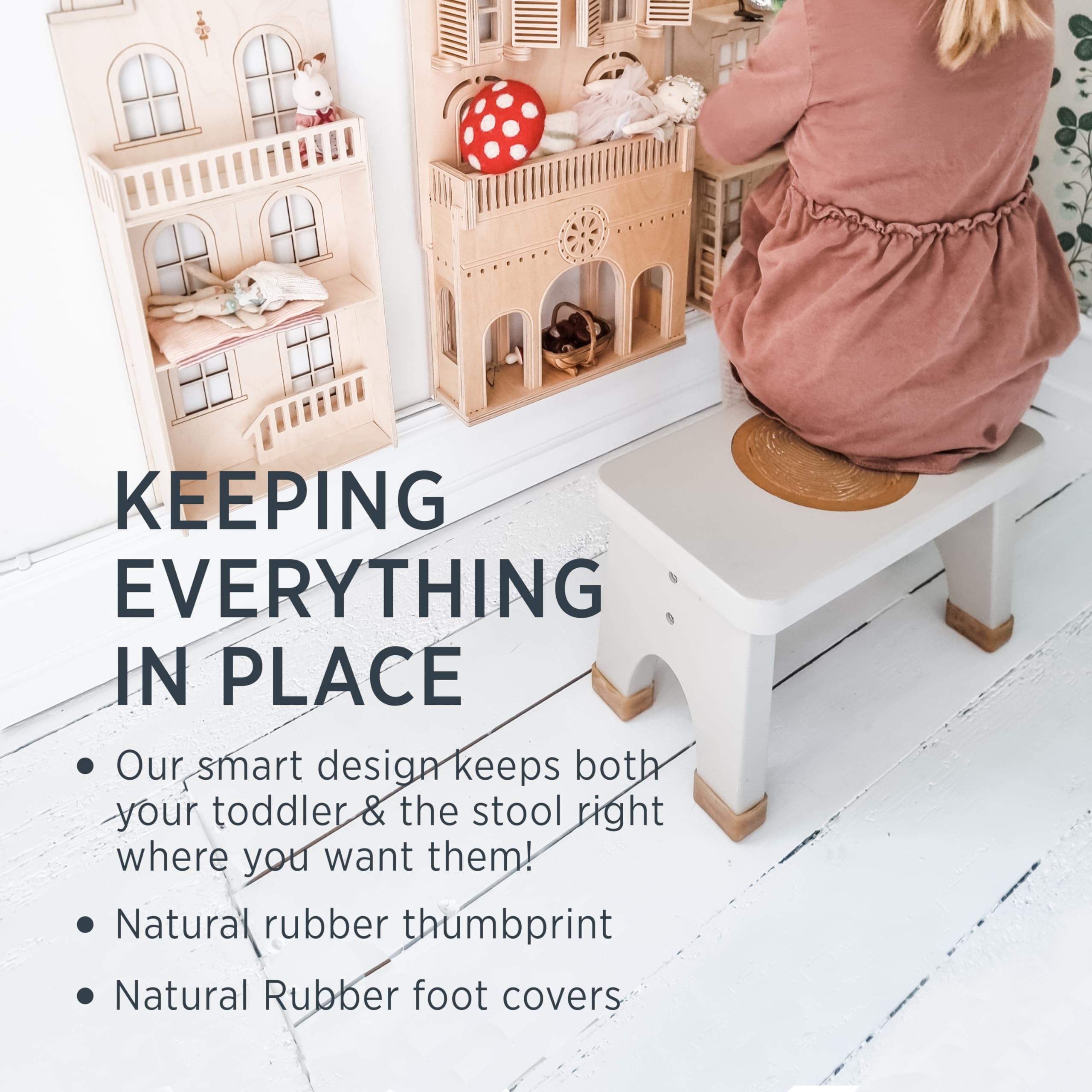Natural Rubberwood Kids Step Stool - Non-Slip Toddler Stool for Bathroom & Kitchen (Champagne Pink) | Safe & Sturdy Step-Up Helper for Children's Independence & Learning