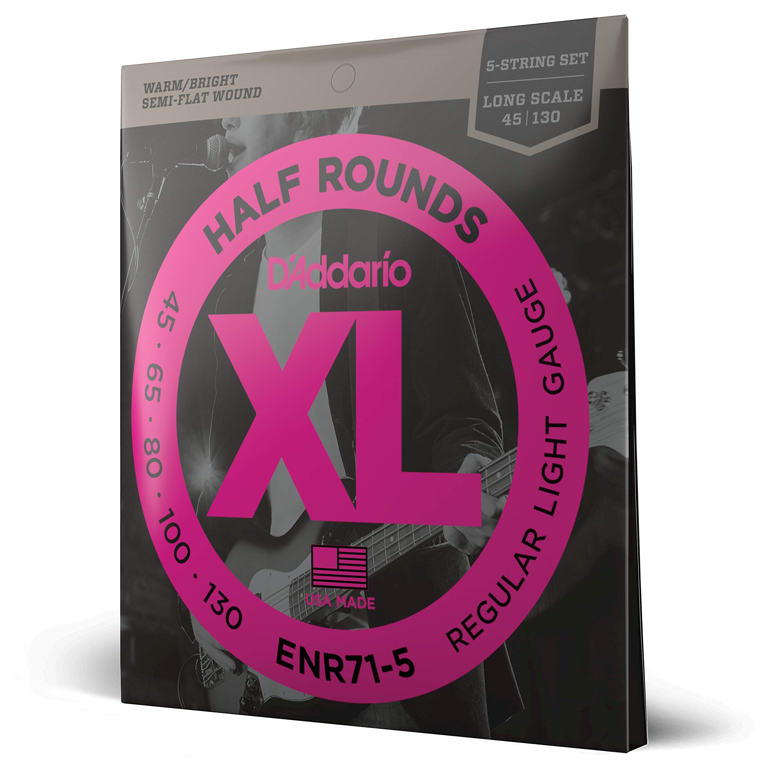 D'Addario XL Nickel Half Round Bass Guitar Strings - ENR71-5, Long Scale, Regular Light Gauge 45-130, 5-String Set (Pack of 1) | Smooth Playability & Warm Tone for Jazz, Blues & Studio Recording