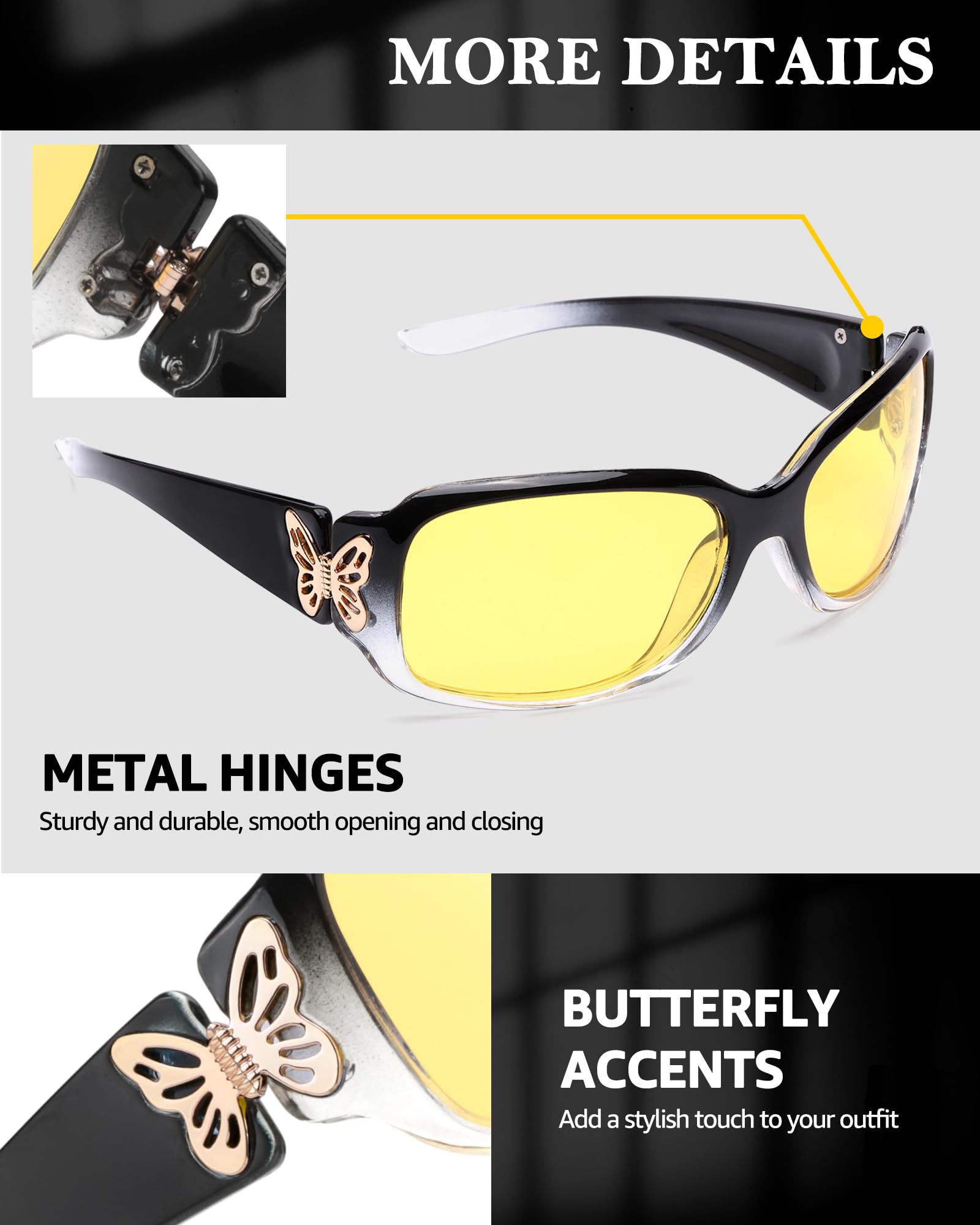 FIMILU Polarized Night Driving Glasses for Women - Anti Glare UV Protection for Safer Night Vision, Trendy Butterfly Frame Fashion Sunglasses | Perfect for Evening Commutes, Road Trips & Nighttime Activities