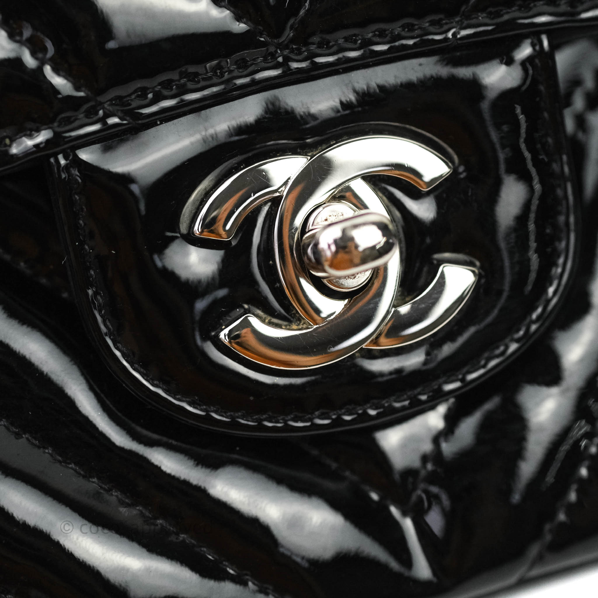 Chanel Classic Chevron M/L Medium Double Flap Bag - Black Patent Leather with Silver Hardware | Luxury Designer Handbag for Women, Perfect for Work, Evening Events & Special Occasions