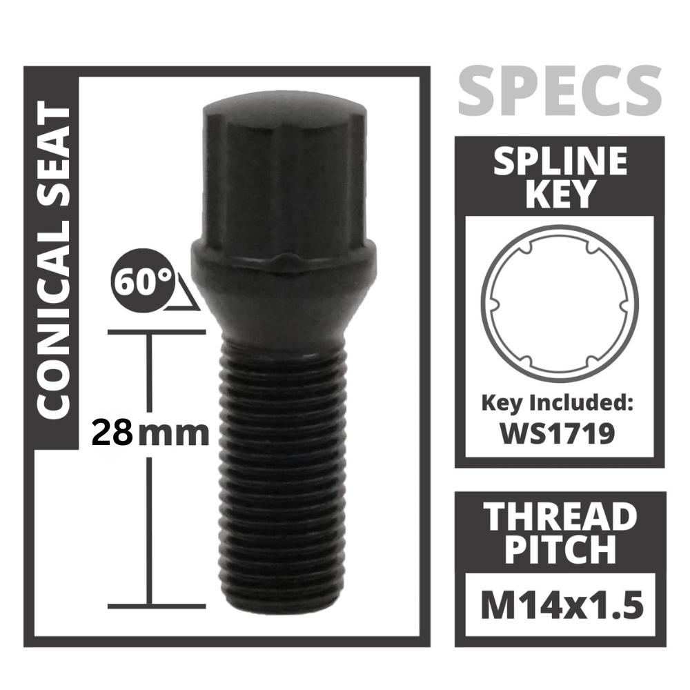 14x1.5mm Black Heat Treated Conical Seat Lug Bolts - 17mm Hex Head (20-Piece Set with Key) - Perfect for Wheel Installation & Automotive Repairs