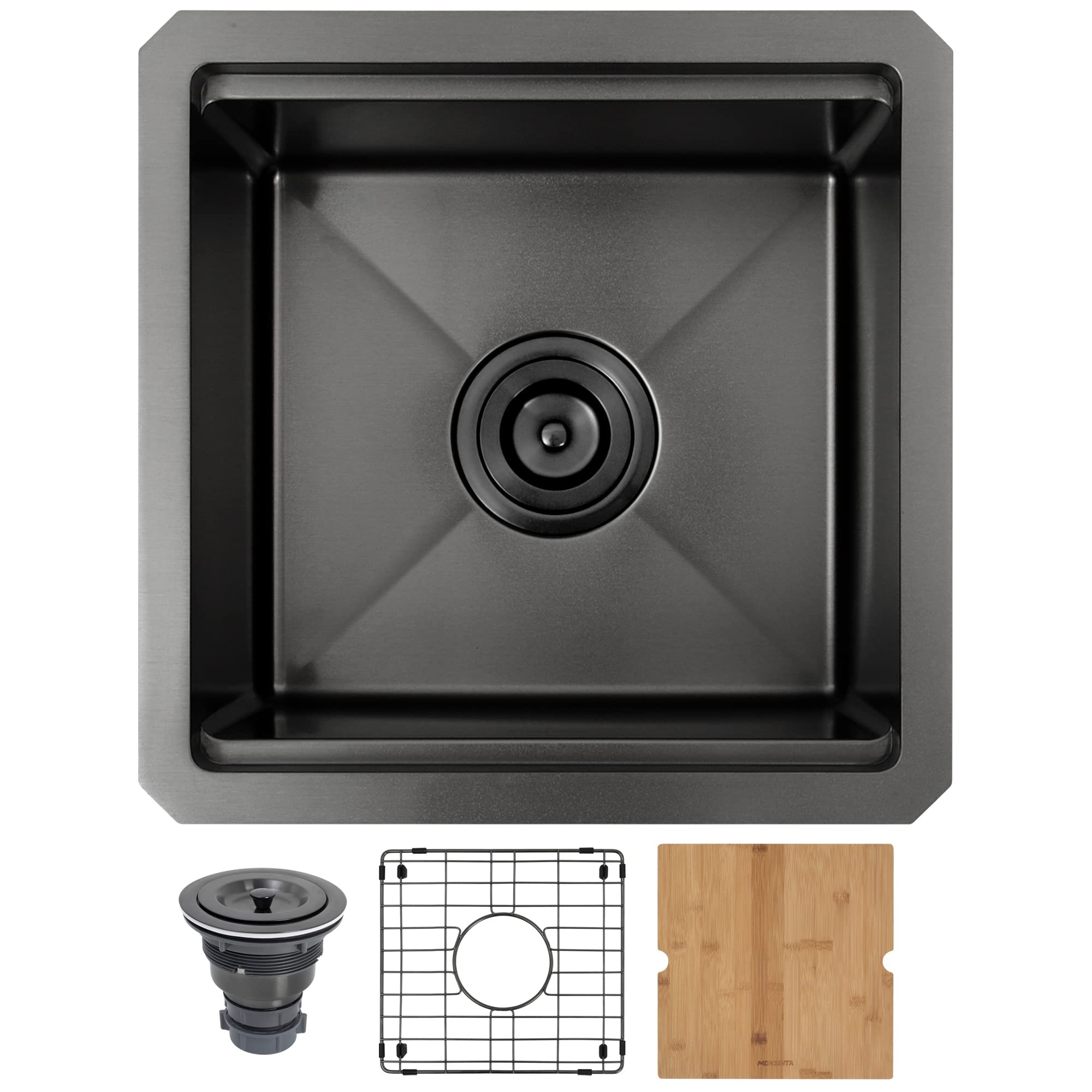 15x15 Inch Undermount Black Bar Sink - 16 Gauge Stainless Steel RV & Kitchen Workstation Sink with Sink Protector, Cutting Board & Drain Assembly - Perfect for Small Bars, RVs, and Compact Kitchens