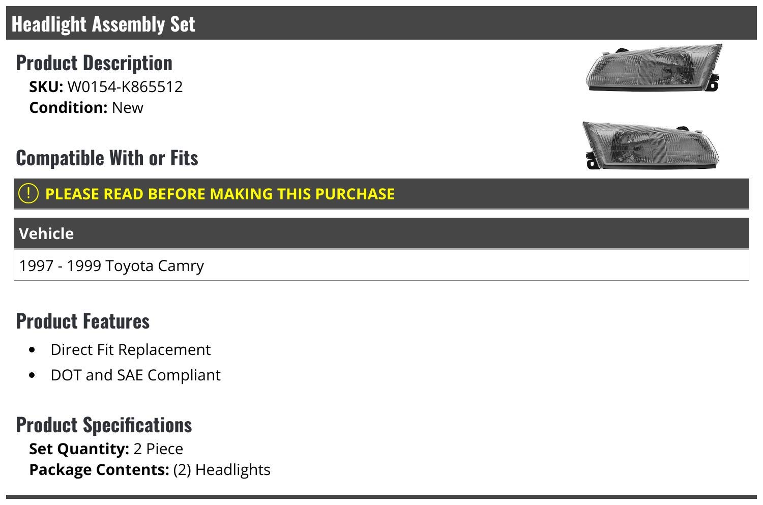 1997-1999 Toyota Camry Headlight Assembly Pair - Replacement Headlights for Toyota Camry 1997 1998 1999 Models - Perfect for Night Driving & Foggy Conditions