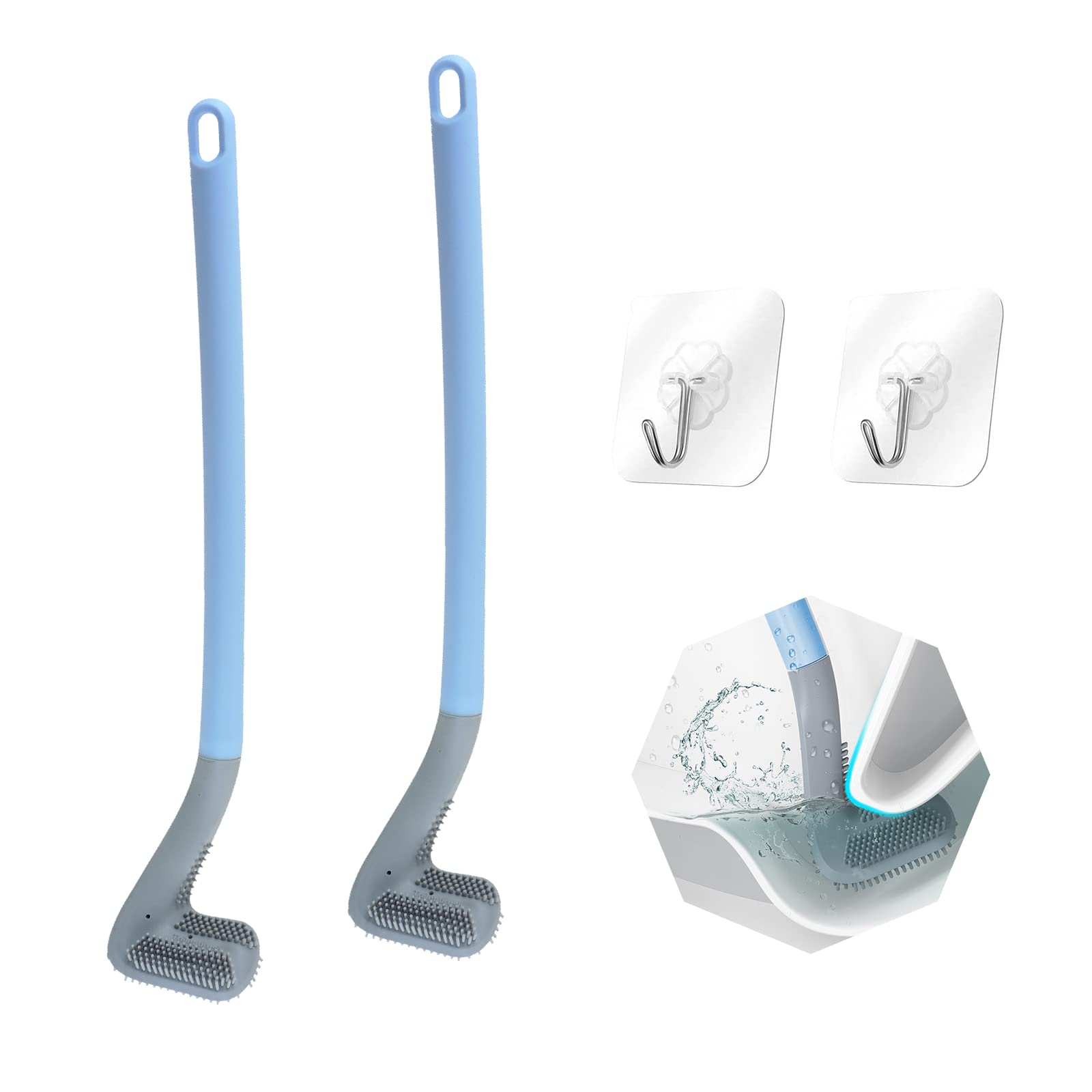 FuninCrea 2-Pack Golf Head Toilet Brush Set - Long Handle Silicone Toilet Brush with Hooks, Non-Stick Hair Removal, 360° Deep Cleaning for Bathroom & RV - Blue (Perfect for Golf Lovers & Small Spaces)