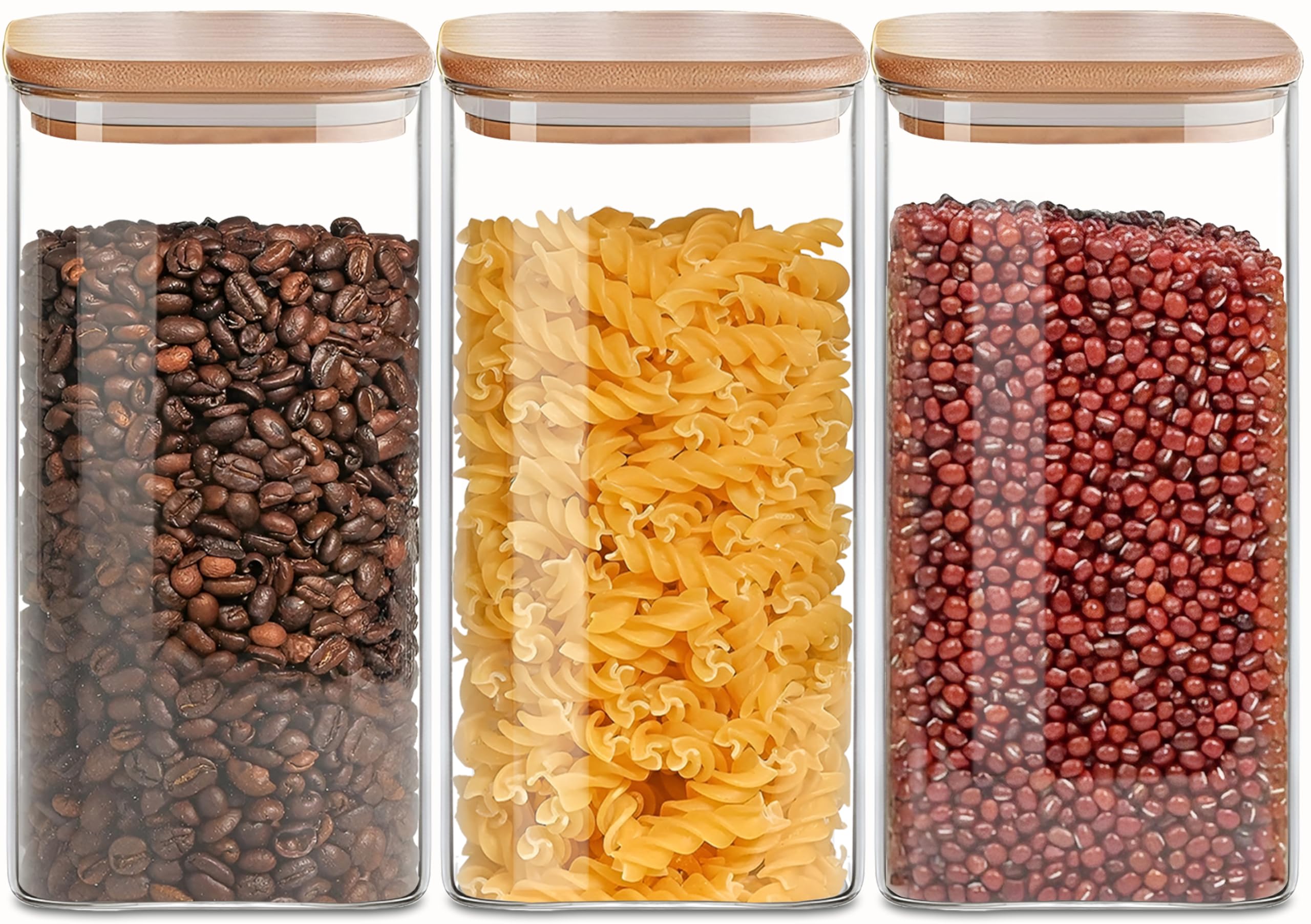 50oz Square Glass Food Storage Containers with Bamboo Lids - Airtight Clear Kitchen Jars for Flour, Rice, Cereal, Sugar, Tea & Coffee Beans (Set of 3) - Perfect for Pantry Organization, Meal Prep & Bulk Food Storage