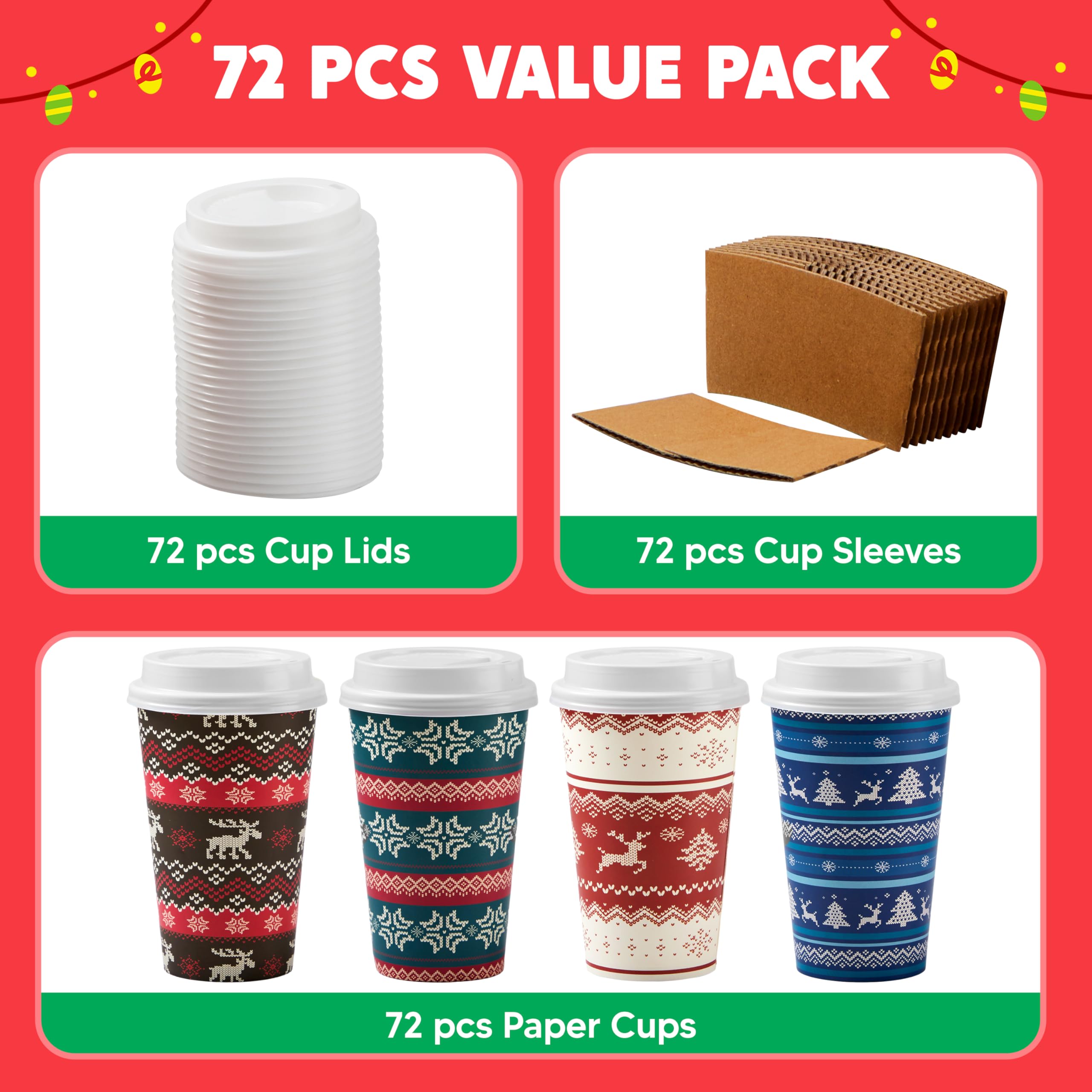 JOYIN 72-Pack Christmas Paper Cups with Sleeves & Lids - 16 oz Disposable Holiday Cups for Hot Chocolate, Coffee & Cold Drinks - 4 Festive Designs - Perfect for Christmas Parties, Office Celebrations & Family Gatherings
