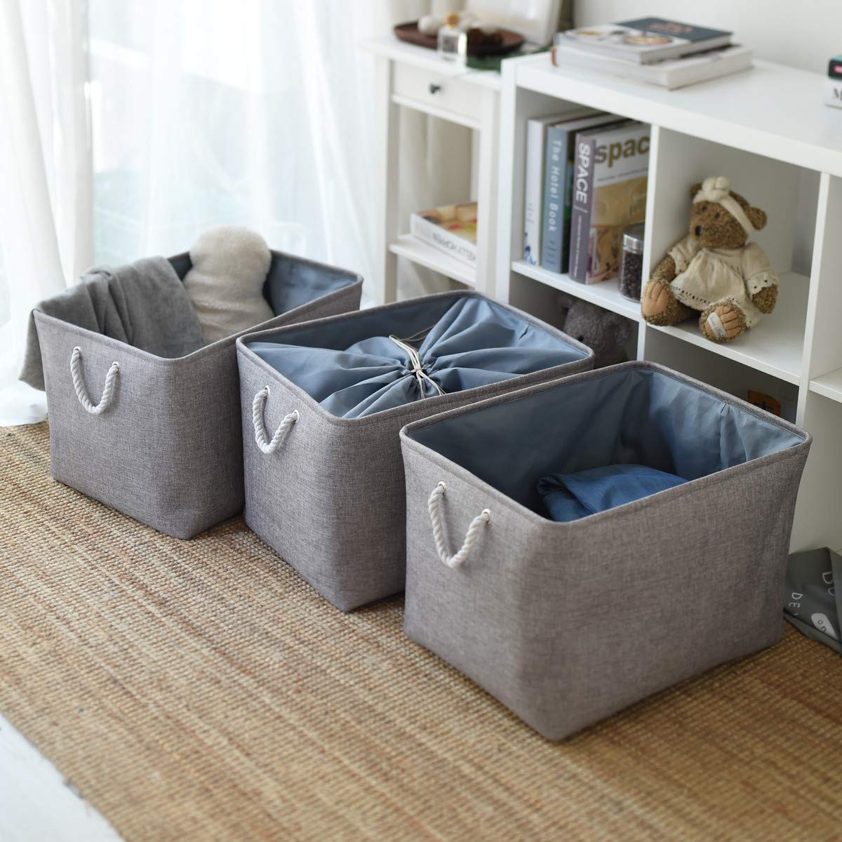 Fabric Storage Basket with Rope Handles - Large Organizer for Bedroom, Bookshelves & Coffee Table (15.7