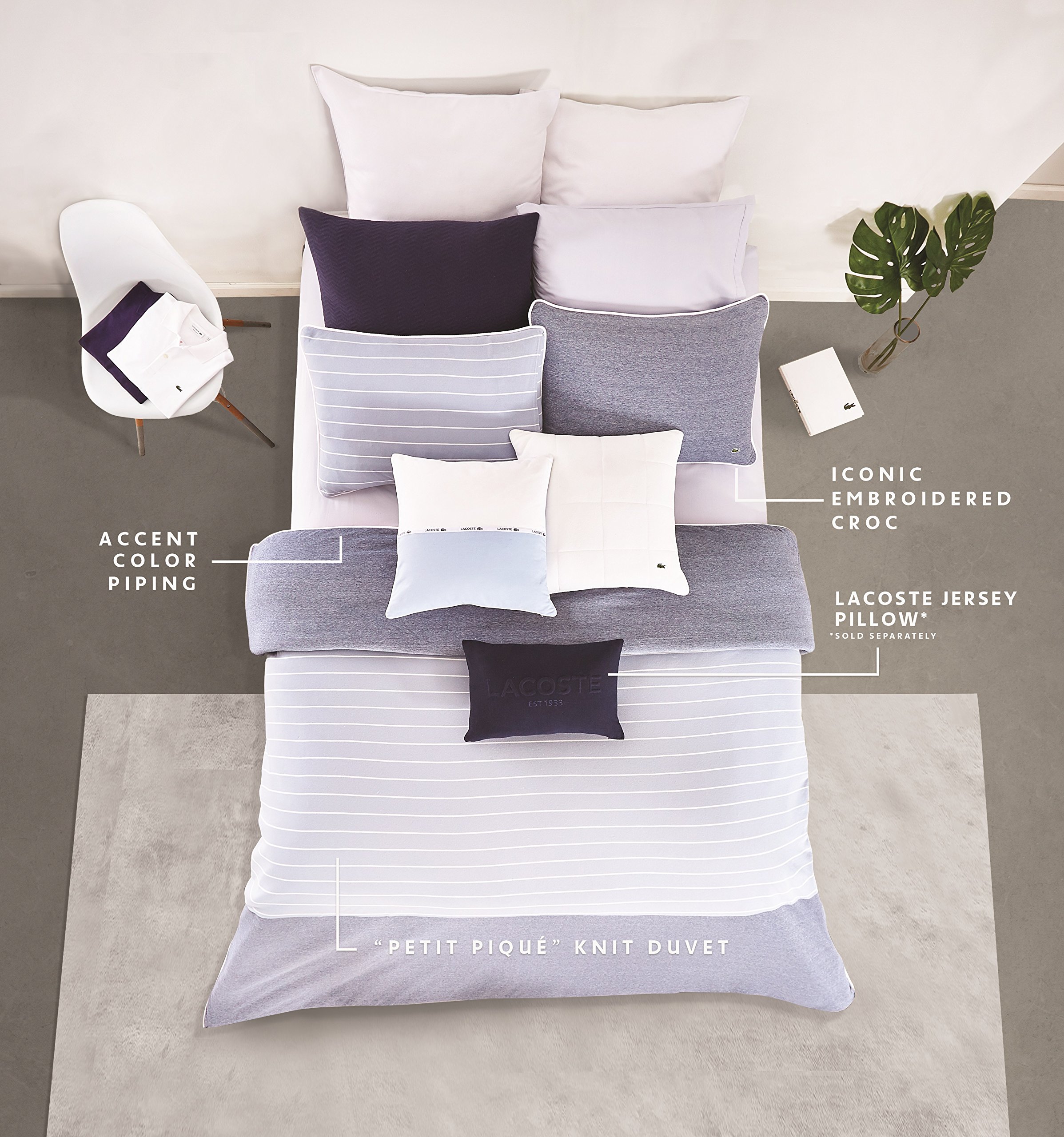 Lacoste 18356011 Blue Stripe Duvet Cover Set - Twin/Twin XL Size | Soft Cotton Bedding for Boys & Girls Room | Perfect for Guest Bedrooms & Dorm Decor