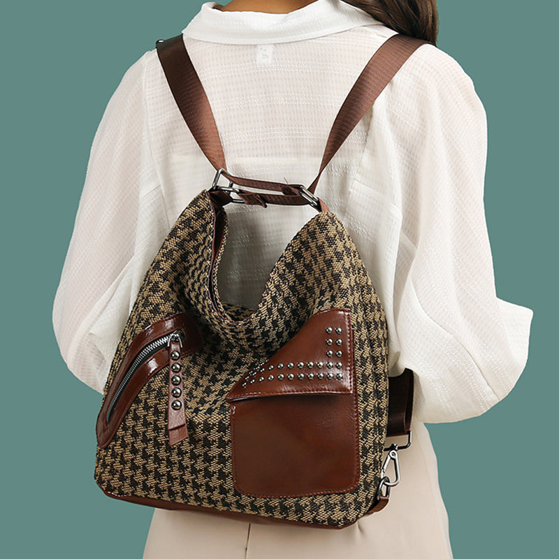 Stylish Houndstooth Backpack for Women - Fashionable Leopard Print Shoulder Bag with Rivet Design | Perfect for Work, Travel & Daily Use