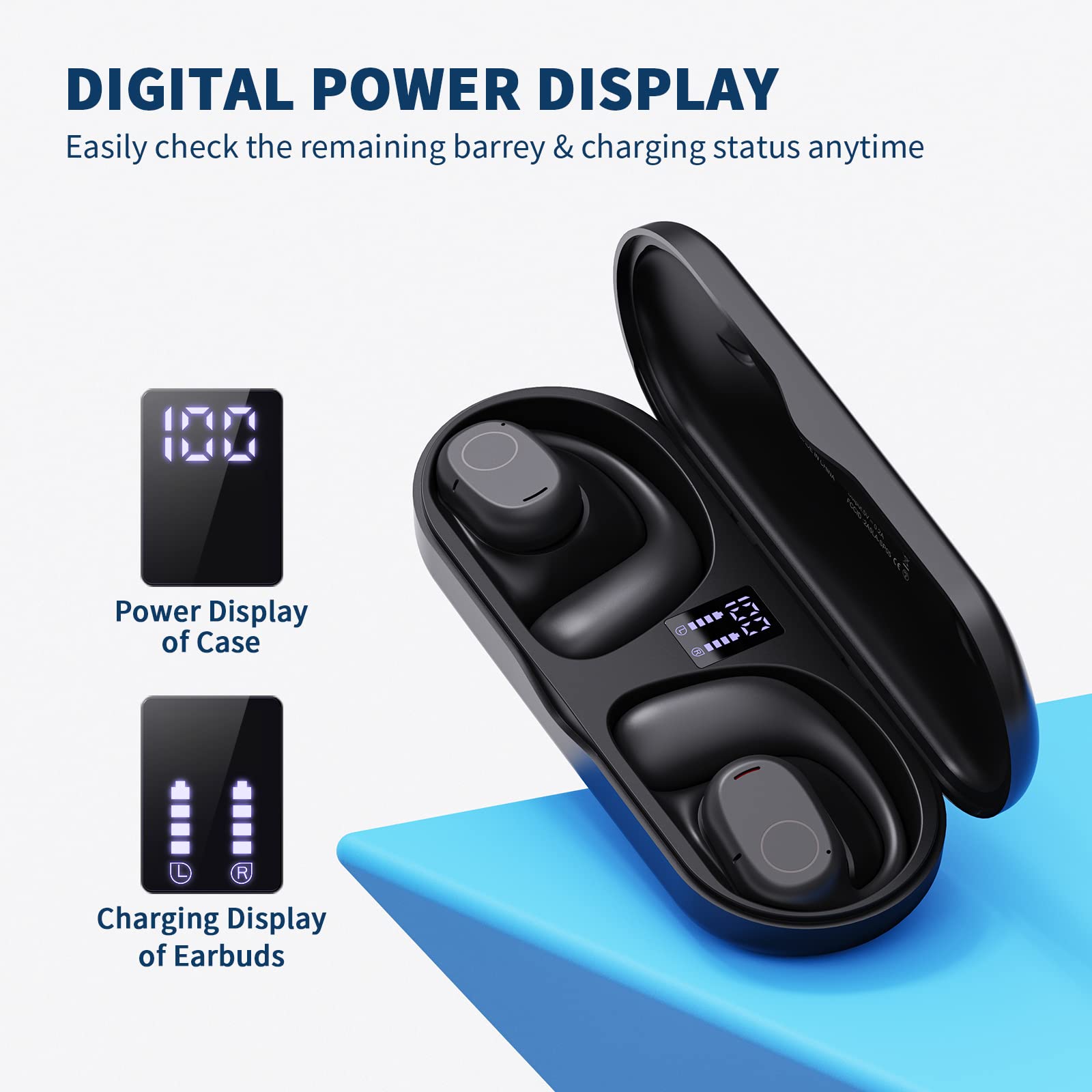 Open Ear Headphones Wireless, Bluetooth 5.3 Air Conduction Earbuds with Mic - 40H Playtime, IPX6 Waterproof, LED Display Charging Case & Secure Ear Hooks for Running, Cycling, Workouts (Black) - Perfect for Outdoor Sports & Gym Training