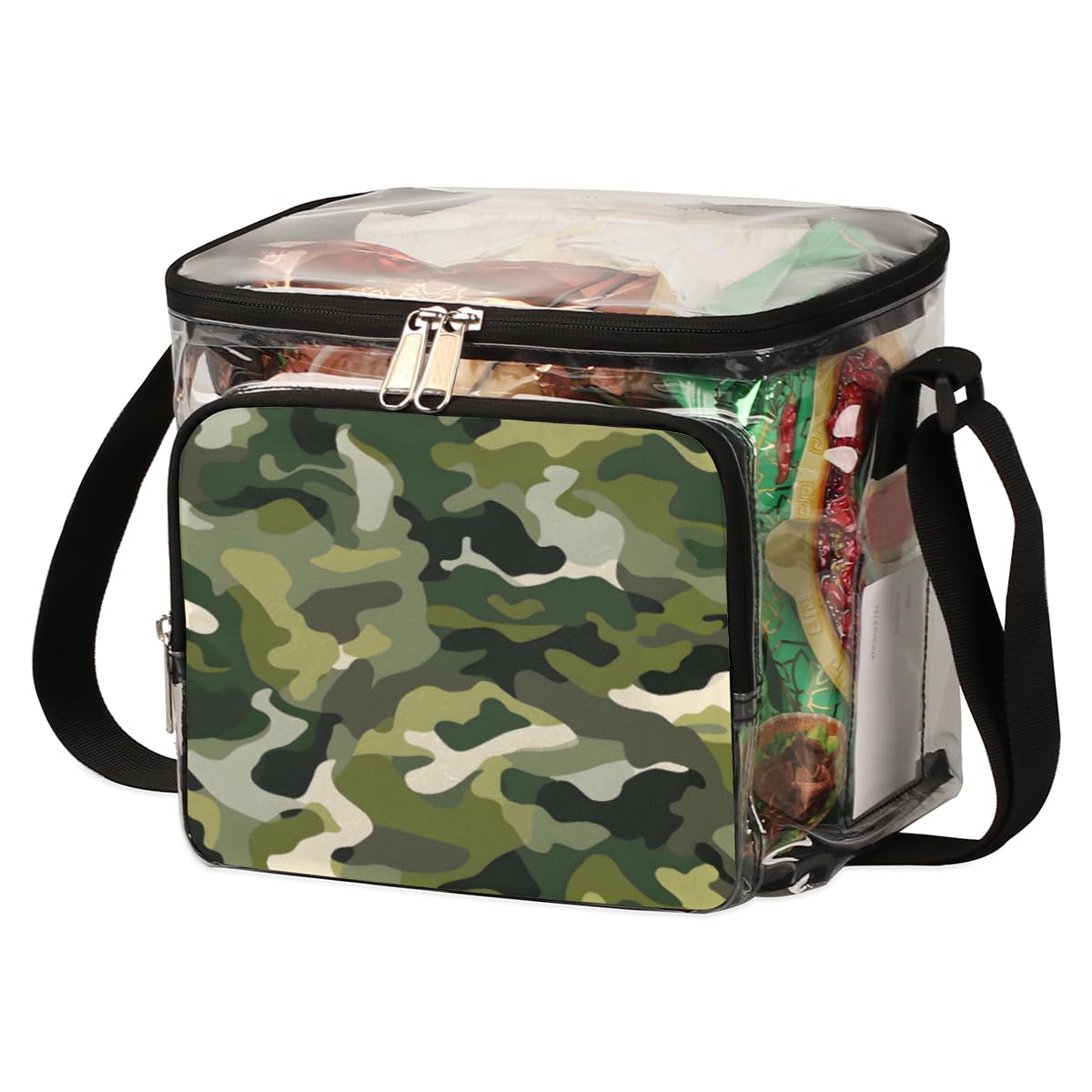 GzLeyigou Military Camouflage Clear Tote Bag with Handles - Fashion Camo Green Transparent Crossbody Shoulder Bag for Lunch, Outdoor, Travel, Picnic, Concerts & Sports Events | Stadium Approved Multipurpose Carry-On | Perfect for School, Beach, Shopping and Festival Use