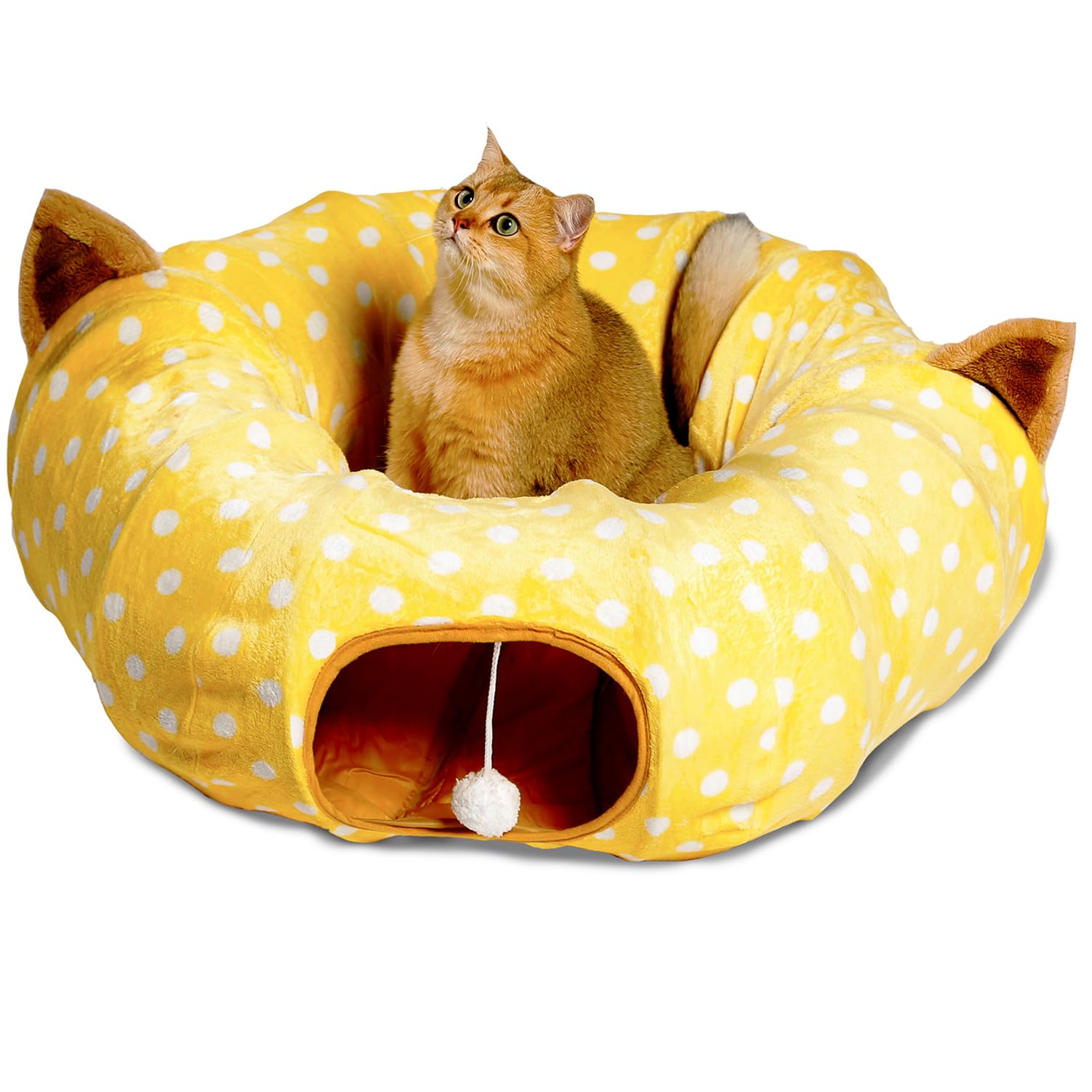 AUOON Cat Tunnel Bed with Central Mat - Large Tube Playground Toy for Kittens, Cats, Puppies, Rabbits & Ferrets | Yellow Moon-Shaped Pet Hideout for Under Christmas Tree | Perfect for Playtime, Napping & Indoor Pet Activities