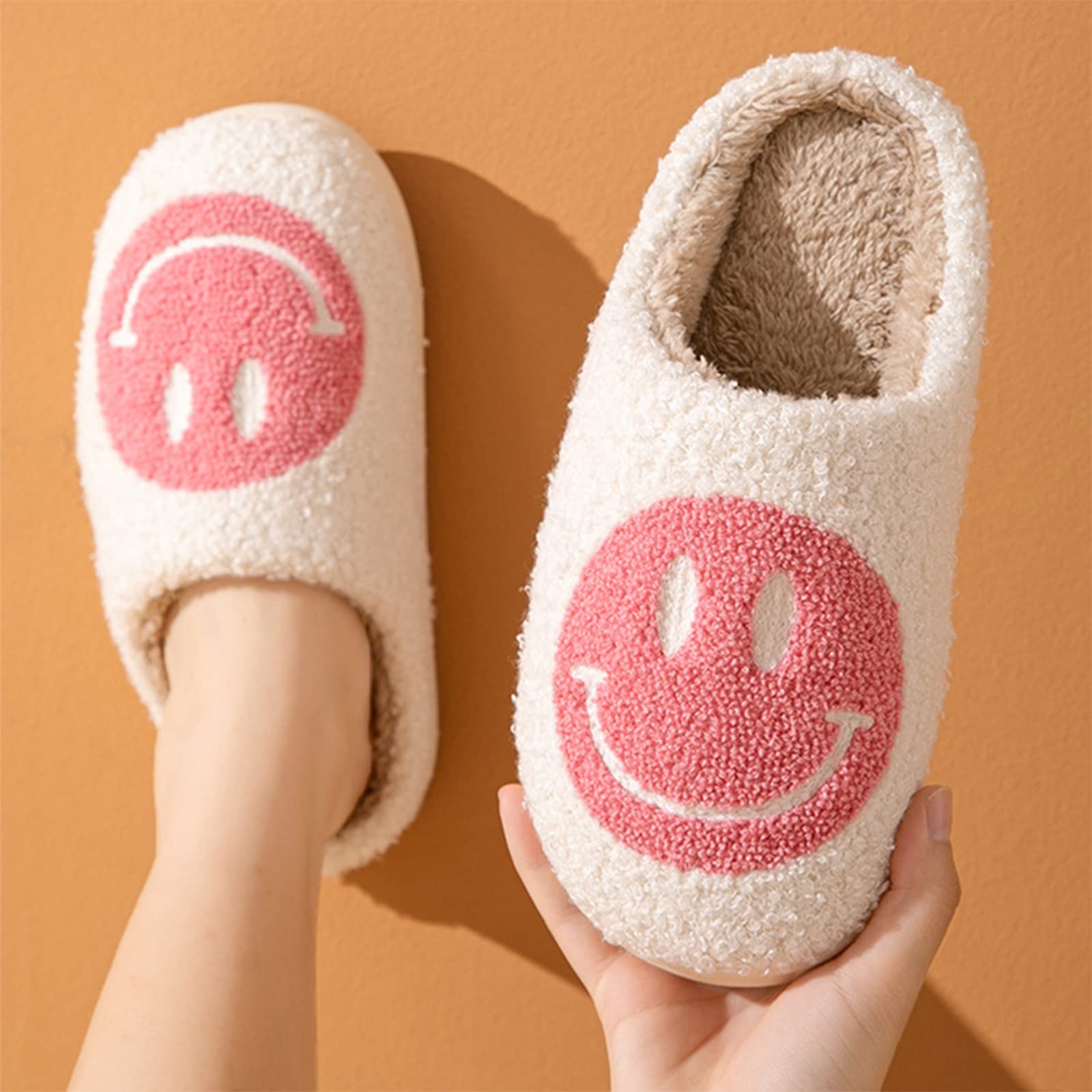 Women's Smile Face Slippers - Soft Plush Retro Preppy Happy Face Slip-On Slippers for Indoor & Outdoor Use | Cozy House Shoes for Relaxing at Home, Lounging, or Quick Outdoor Errands