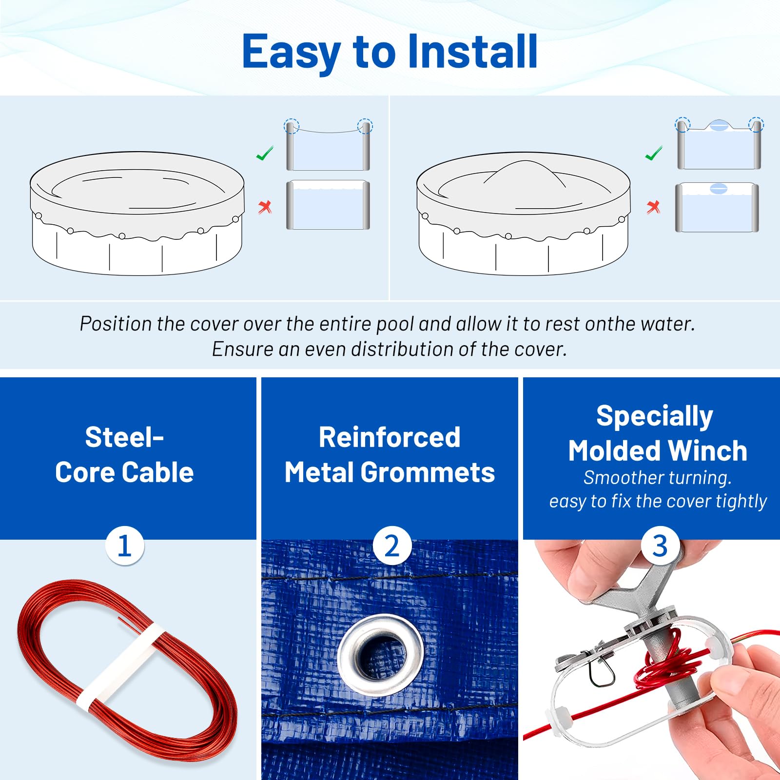 24FT Round Winter Pool Cover for Above Ground Pools - Heavy Duty UV Protected with Cable & Winch System - Waterproof & Dustproof Blue Pool Cover - Perfect for Winter Protection & Off-Season Storage