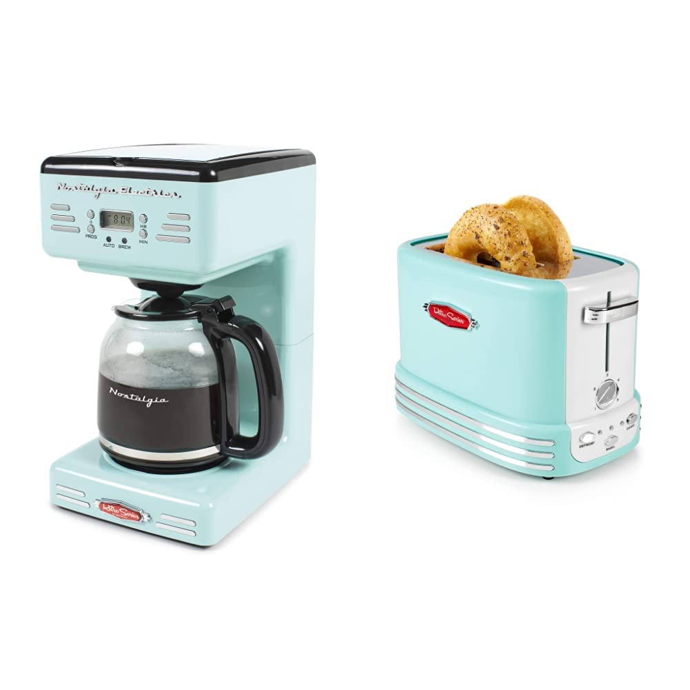 Vintage 12-Cup Programmable Coffee Maker & 2-Slice Wide Toaster Set - Retro Kitchen Appliances for Home, Office & Breakfast Nook