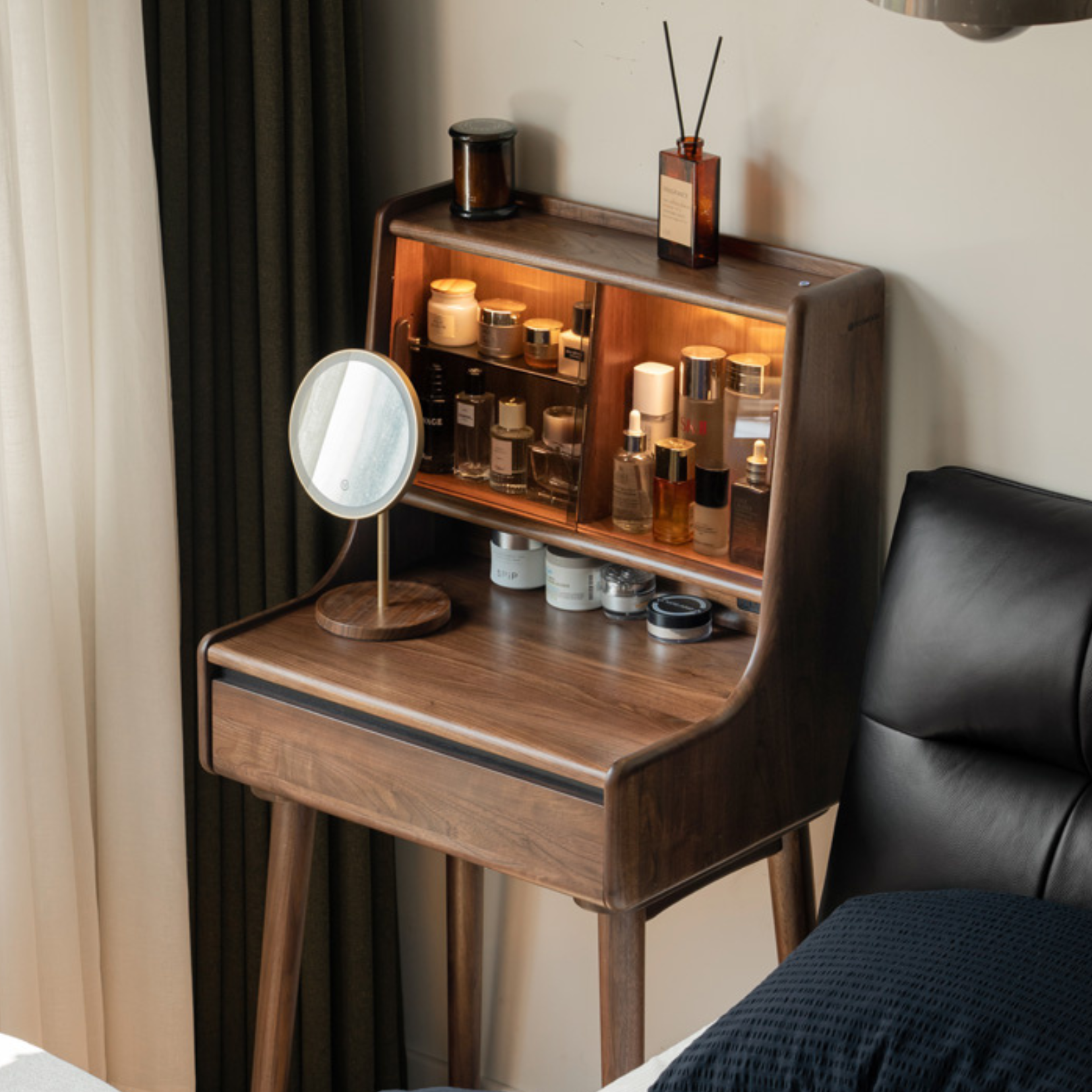 Black Walnut Solid Wood Lighted Vanity Dressing Table with Mirror - Elegant Makeup Desk for Bedroom, Bathroom, or Boudoir