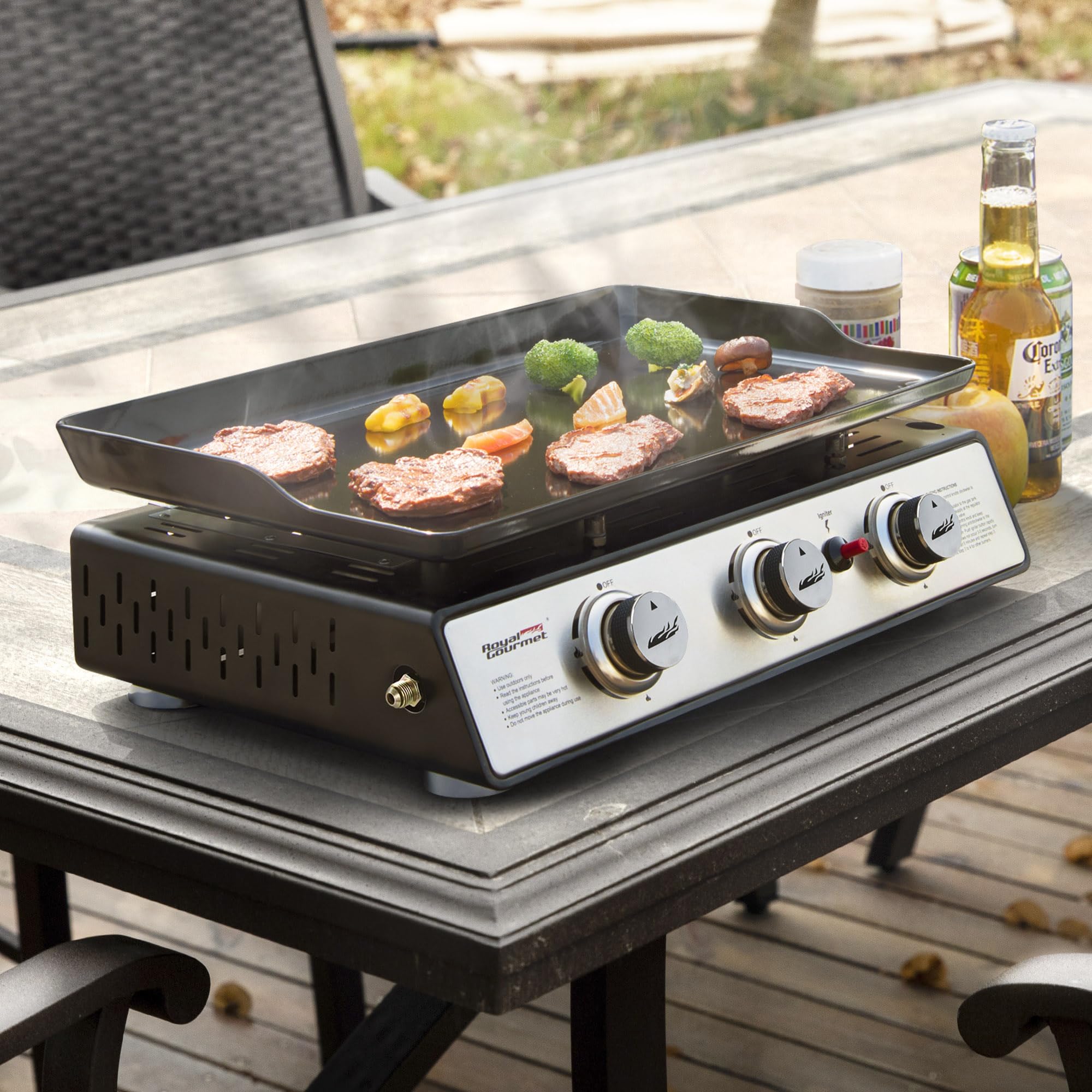 Royal Gourmet PD1301S 24-Inch Portable 3-Burner Gas Grill Griddle with Cover - 25,500 BTU Outdoor Cooking for Camping, Tailgating, Backyard BBQs & Picnics - Black