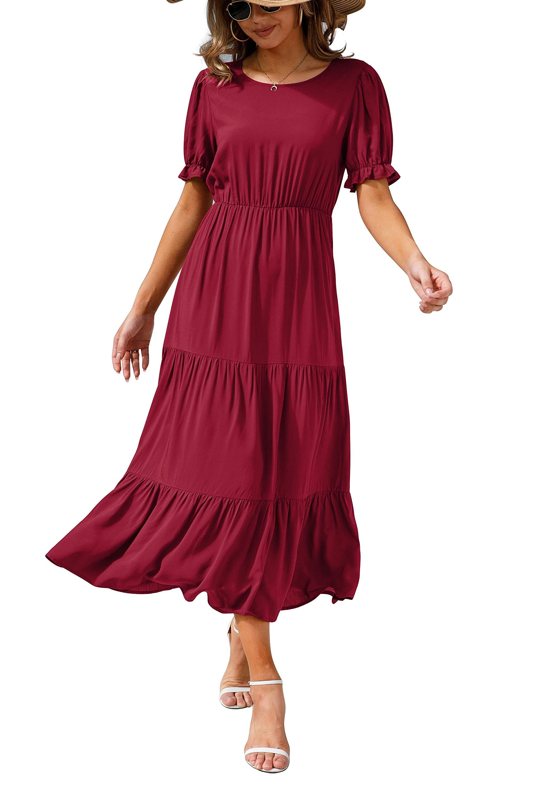 GRECERELLE Women's 2023 Summer Casual Loose Crewneck Boho Dress with Ruffle Puff Sleeves & High Waist | Flowy Midi Beach Dress for Vacation, Date Night & Outdoor Parties