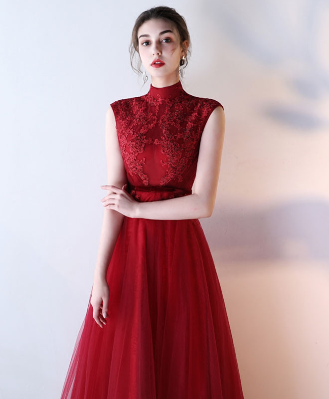 Elegant Burgundy Lace Tulle Long Prom Dress for Women - Formal Evening Gown for Homecoming, Wedding Guest & Special Occasions