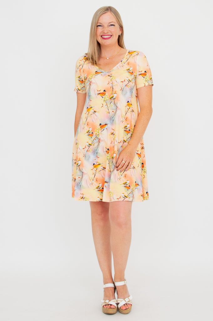 Lanai Short Sleeve Summer Dress - Songbird Print Bamboo Fabric for Beach Vacation & Casual Outings