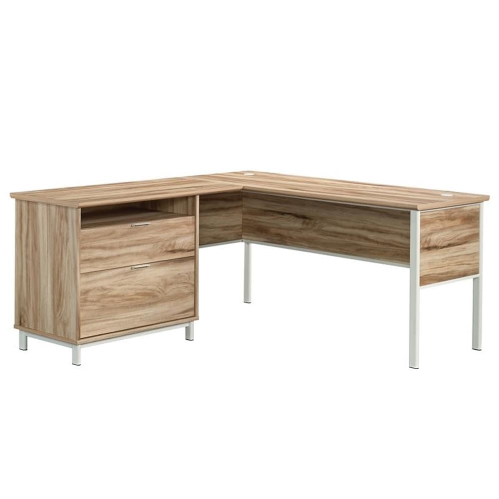 Pemberly Row Engineered Wood L-Shape Desk in Kiln Acacia Brown - Modern Home Office Desk for Small Spaces, Gaming & Study - Sturdy Workstation with Storage Shelf