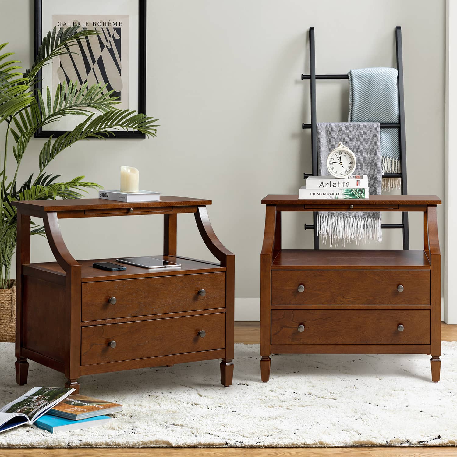 Grace 2-Drawer Nightstand with USB Charging Ports & Power Outlets - Modern Bedside Table for Bedroom, Living Room & Office Use