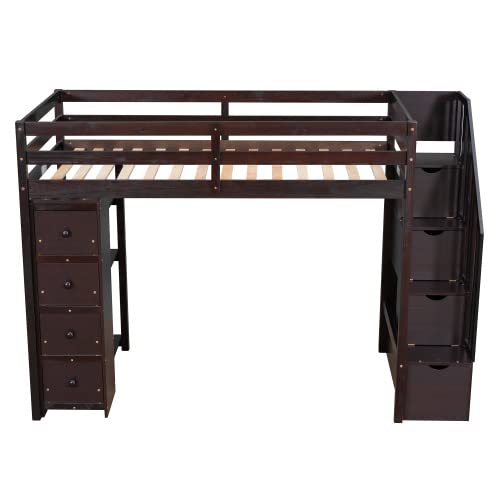 **Solid Wood Twin Loft Bed with Stairs, Storage Drawers & Shelves - Modern Espresso Loft Bed Frame for Kids, Teens & Adults - Perfect for Small Rooms, Dorms & Apartments**