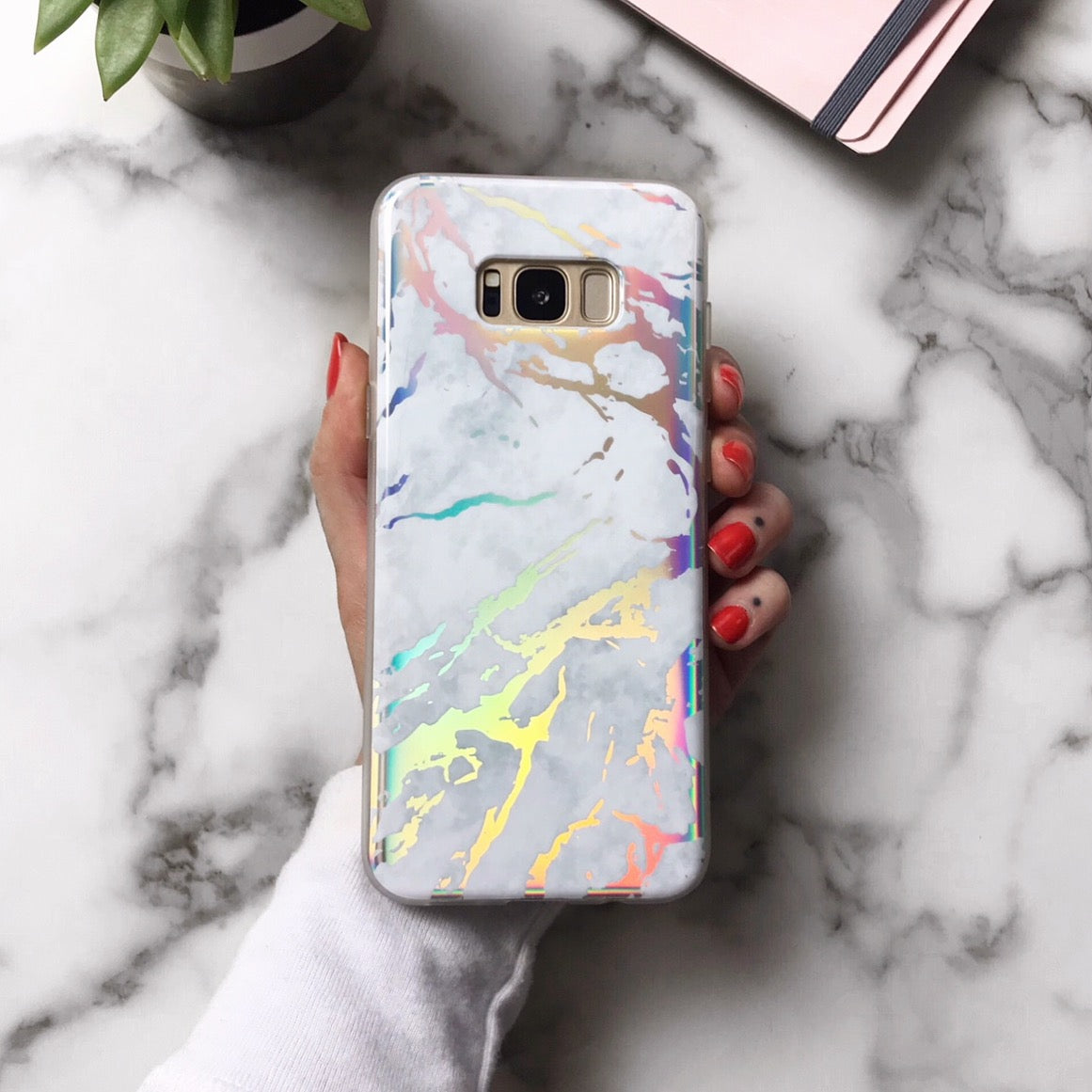 Holo White Marble Phone Case for Samsung Galaxy S21/S20/Note 20 - Premium Protective Cover with Glitter Design - Perfect for Everyday Use, Work & Travel