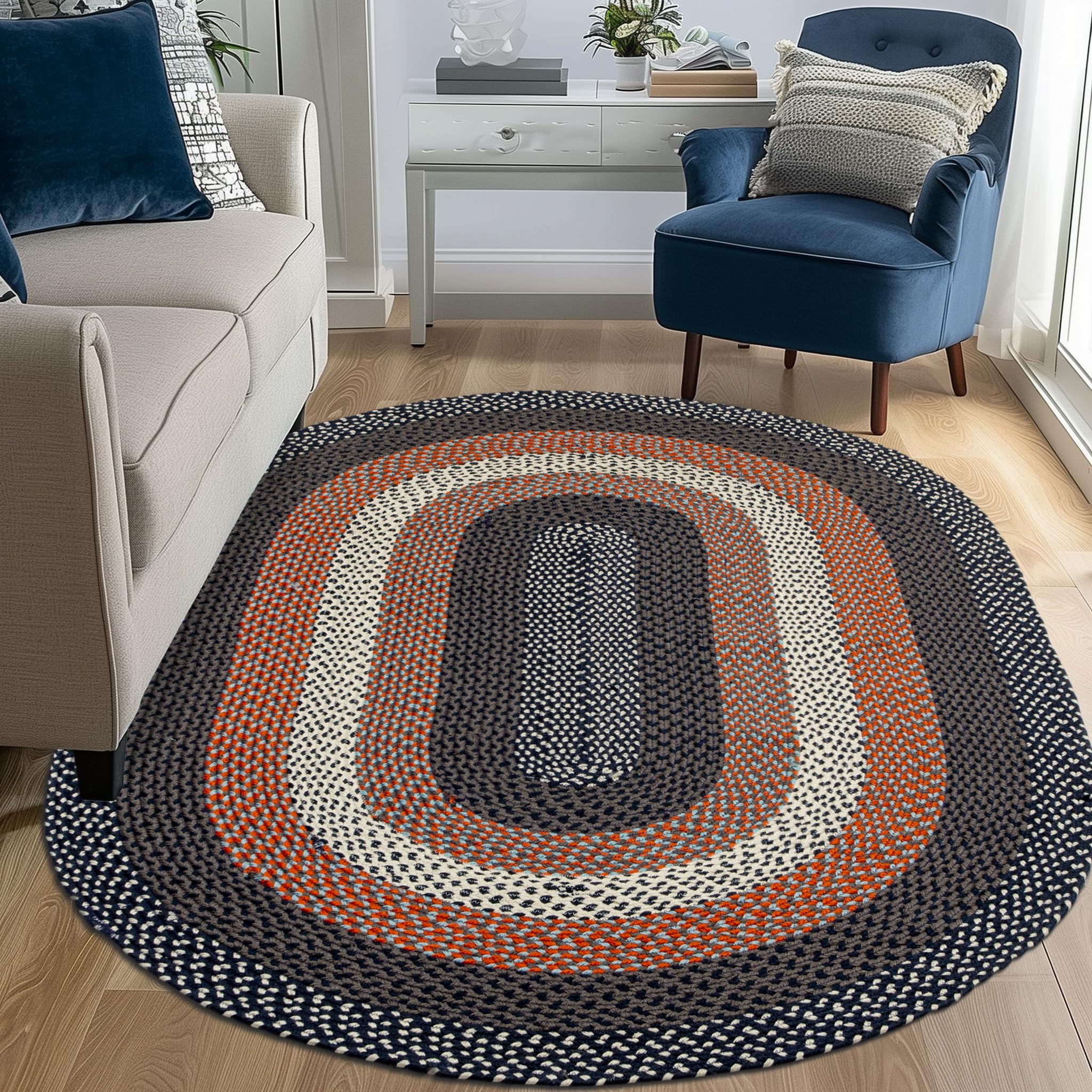 8' x 10' Oval Braided Area Rug - Rustic Red White Blue Washable Indoor Outdoor Rug for Living Room, Bedroom, Patio & Porch | Durable Home Decor for Cozy Spaces & Entertaining Areas