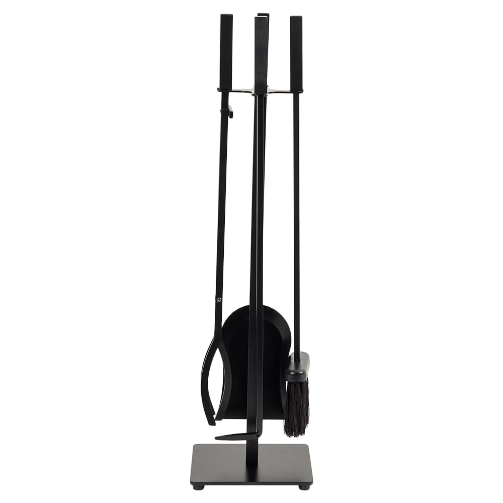 Modern Ember Harriet 5-Piece Black Fireplace Tool Set with Brush, Shovel, Poker & Tongs - Heavy Duty Steel Construction with Heat-Resistant Powder Coating - Perfect for Fireplace Maintenance, Wood Stove Accessories & Home Decor
