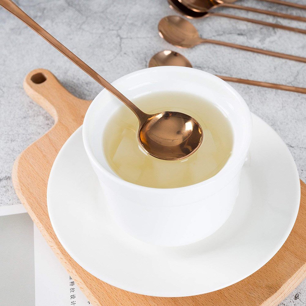 Premium 7.7-inch Long Handle Stainless Steel Mixing Spoon - Rose Gold Cocktail Stirring Spoon for Tea, Coffee, Iced Drinks & Baking (Set of 6) - Perfect for Bartending, Home Bars & Coffee Shops