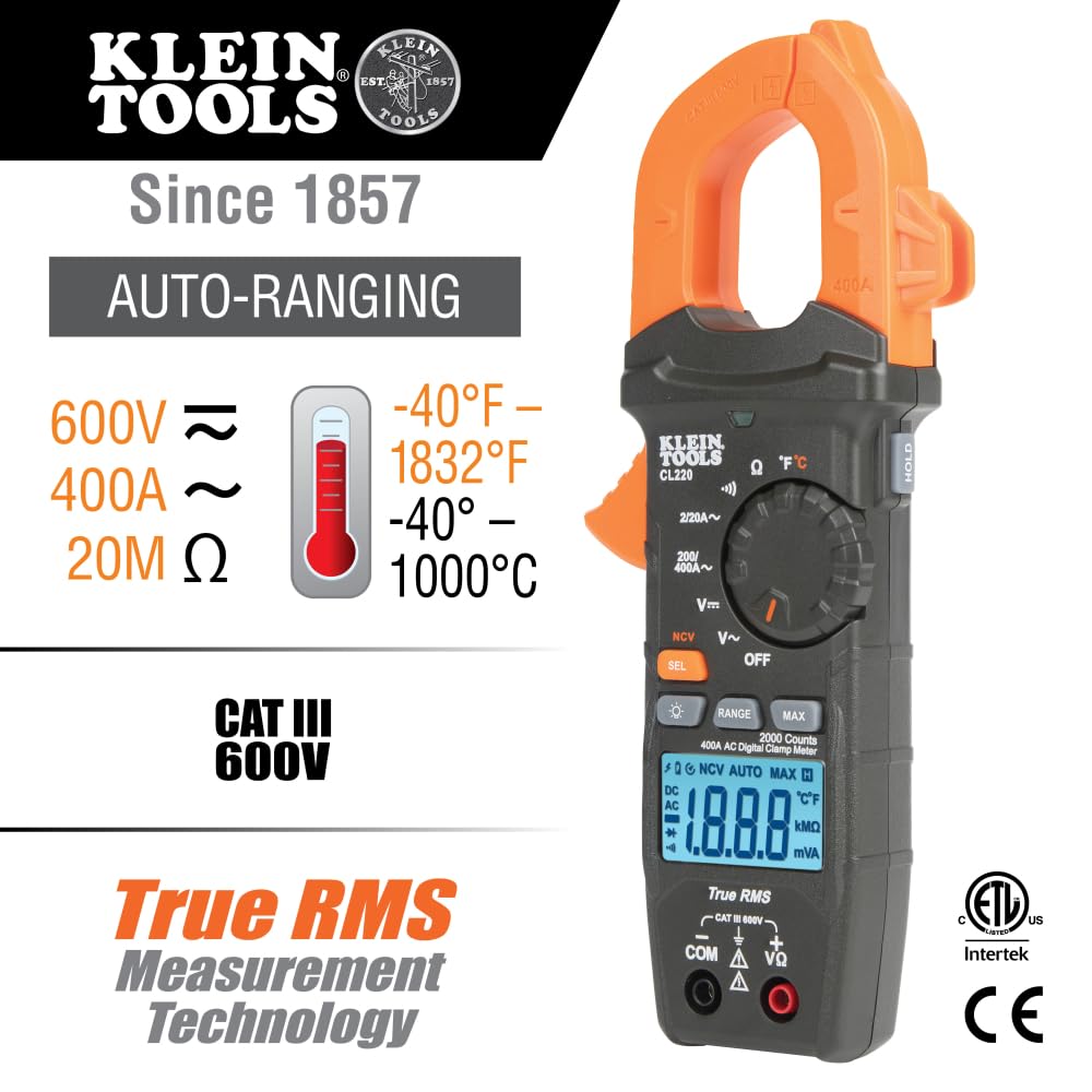 Klein Tools CL220VP Digital Clamp Meter Kit - Non-Contact Voltage Tester, GFCI Outlet Tester, AC/DC Voltage Detector - Professional Electrical Testing Tools for Electricians, HVAC Technicians & Home DIY Projects