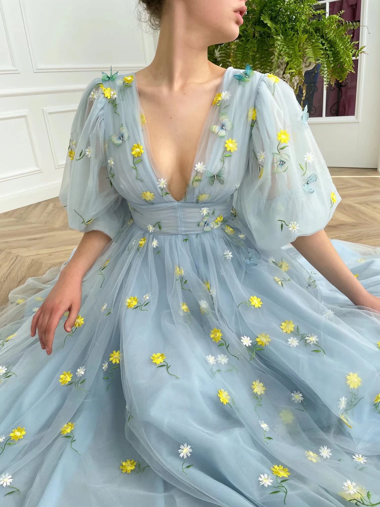 Xijun Women's Puffy Sleeve Prom Dress with Embroidery & Tulle - V-Neck Tea-Length Formal Evening Gown with Pockets for Homecoming, Wedding Guest & Special Occasions