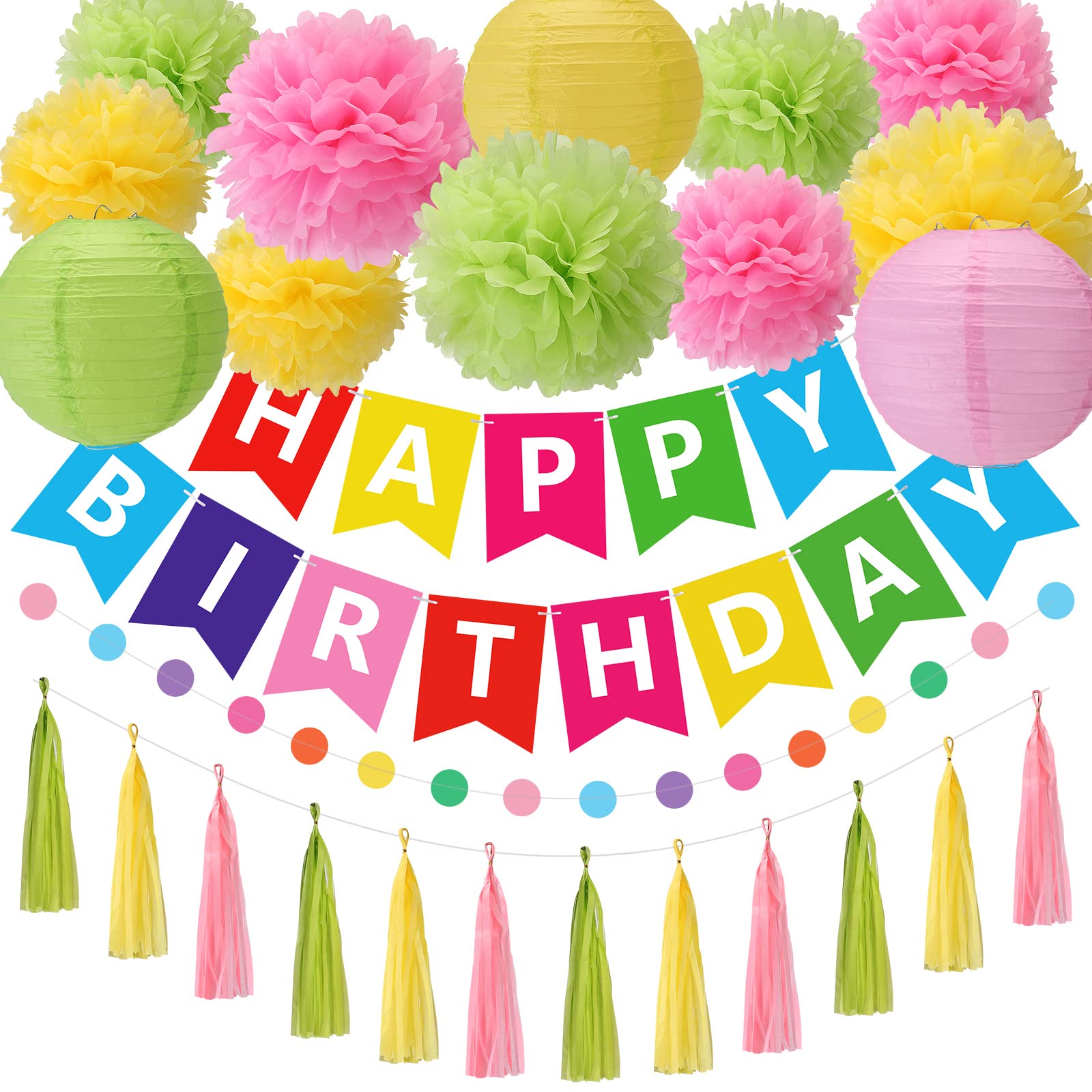 Meowtastic Rainbow Birthday Party Decorations Kit - Happy Birthday Banner, Tissue Pom Poms, Tassel Garland, Paper Lanterns & Circle Dot Garland - Colorful Birthday Party Supplies for Boys & Girls - Perfect for Indoor/Outdoor Birthday Celebrations, Baby Showers & Rainbow Themed Parties