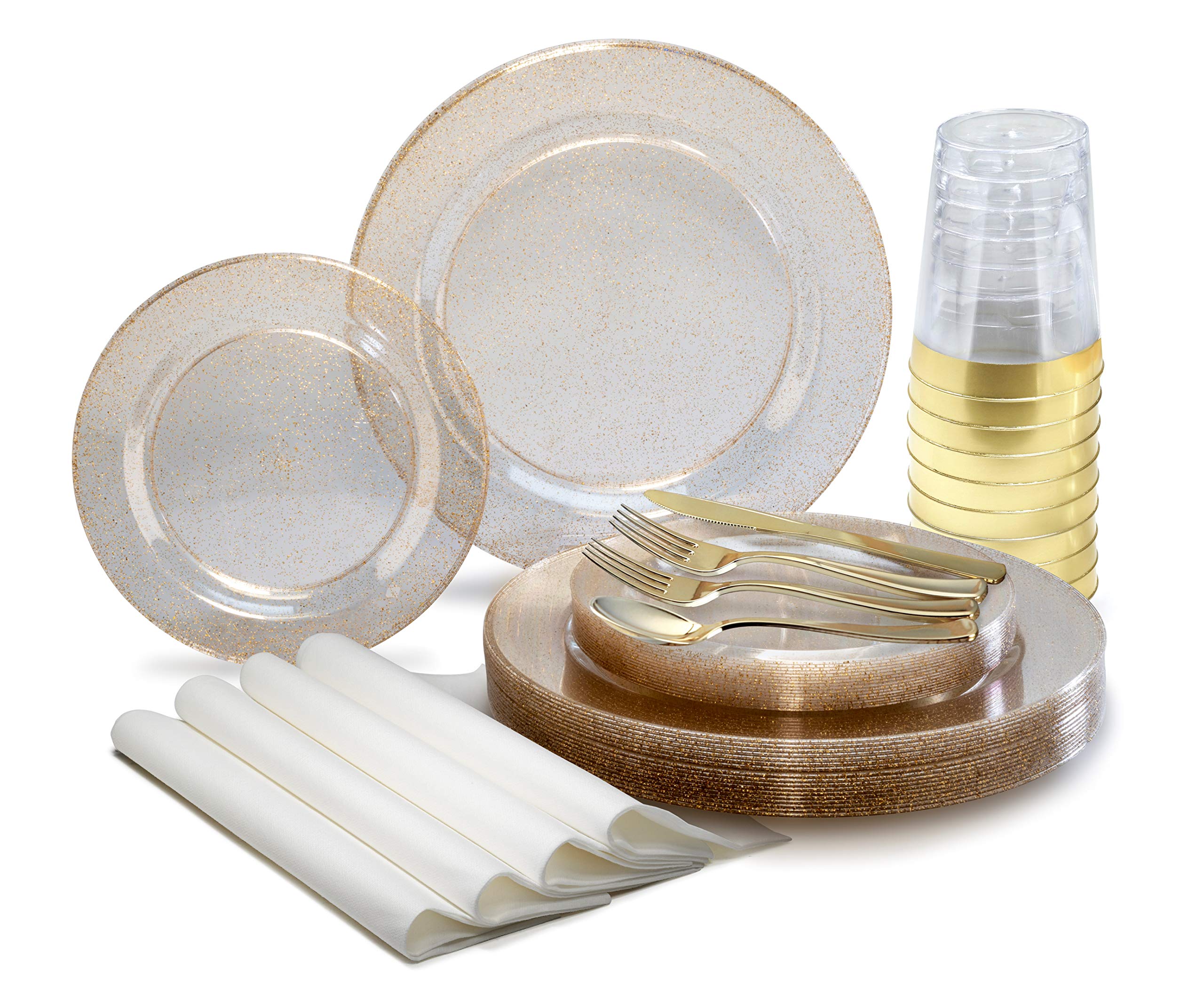 640-Piece Heavyweight Disposable Plastic Plate Set for 80 Guests - 10.5'' & 7.5'' Plates, Silverware, Cups & Napkins - Gold Glitter Wedding Party Tableware (Ideal for Weddings, Showers & Special Events)
