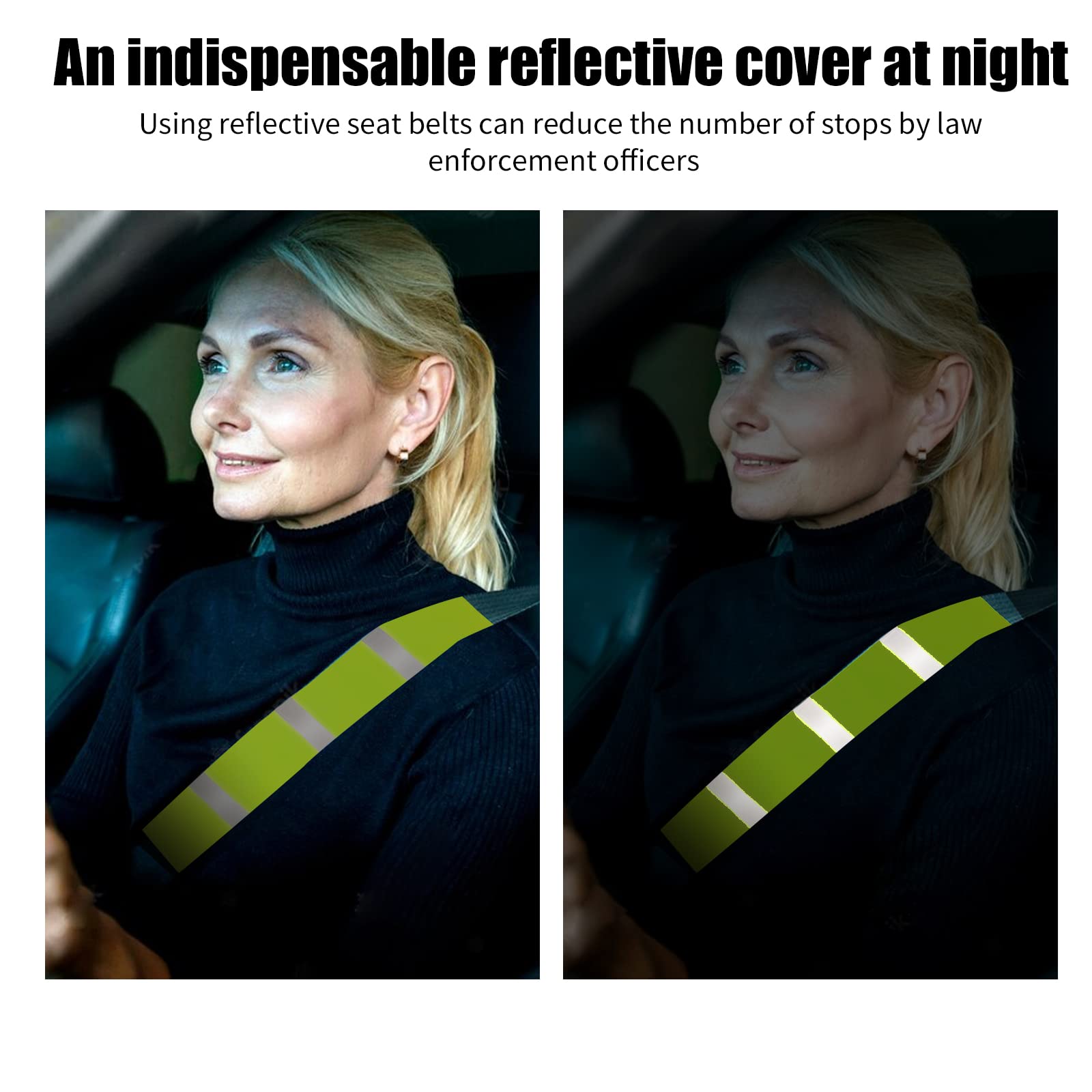 2 Pack High Visibility Reflective Seat Belt Covers - Neon Green & Yellow Safety Belt Protectors for Cars & Trucks (17.7” x 2.7”) | Improve Night Driving Safety & Vehicle Compliance