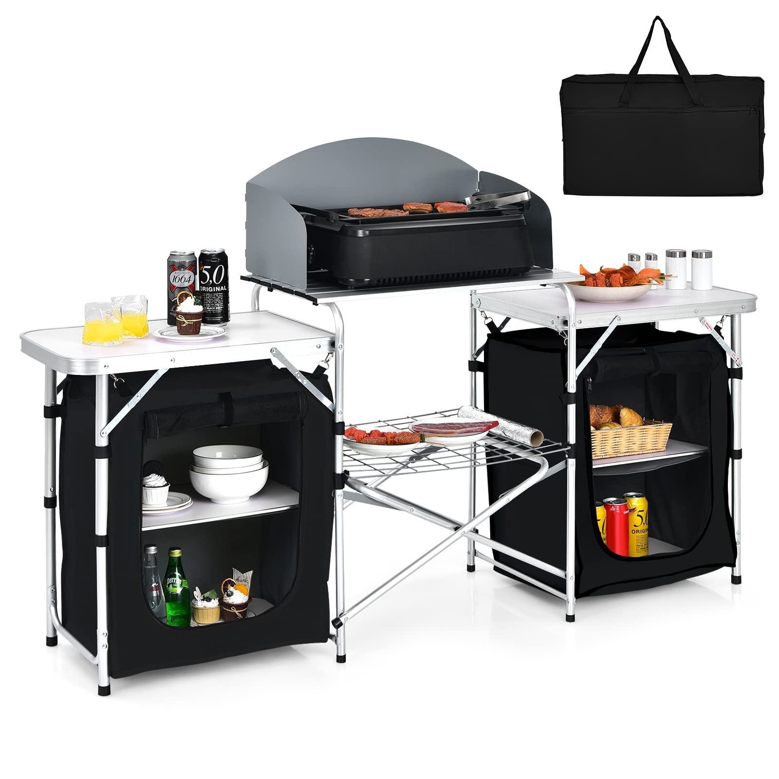 Tangkula 2-Tier Aluminum Folding Camping Table with Windscreen - Portable Cook Station with Storage Shelves & Carry Bag - Perfect for Outdoor Cooking, Picnics, BBQs, Camping & Backyard Parties