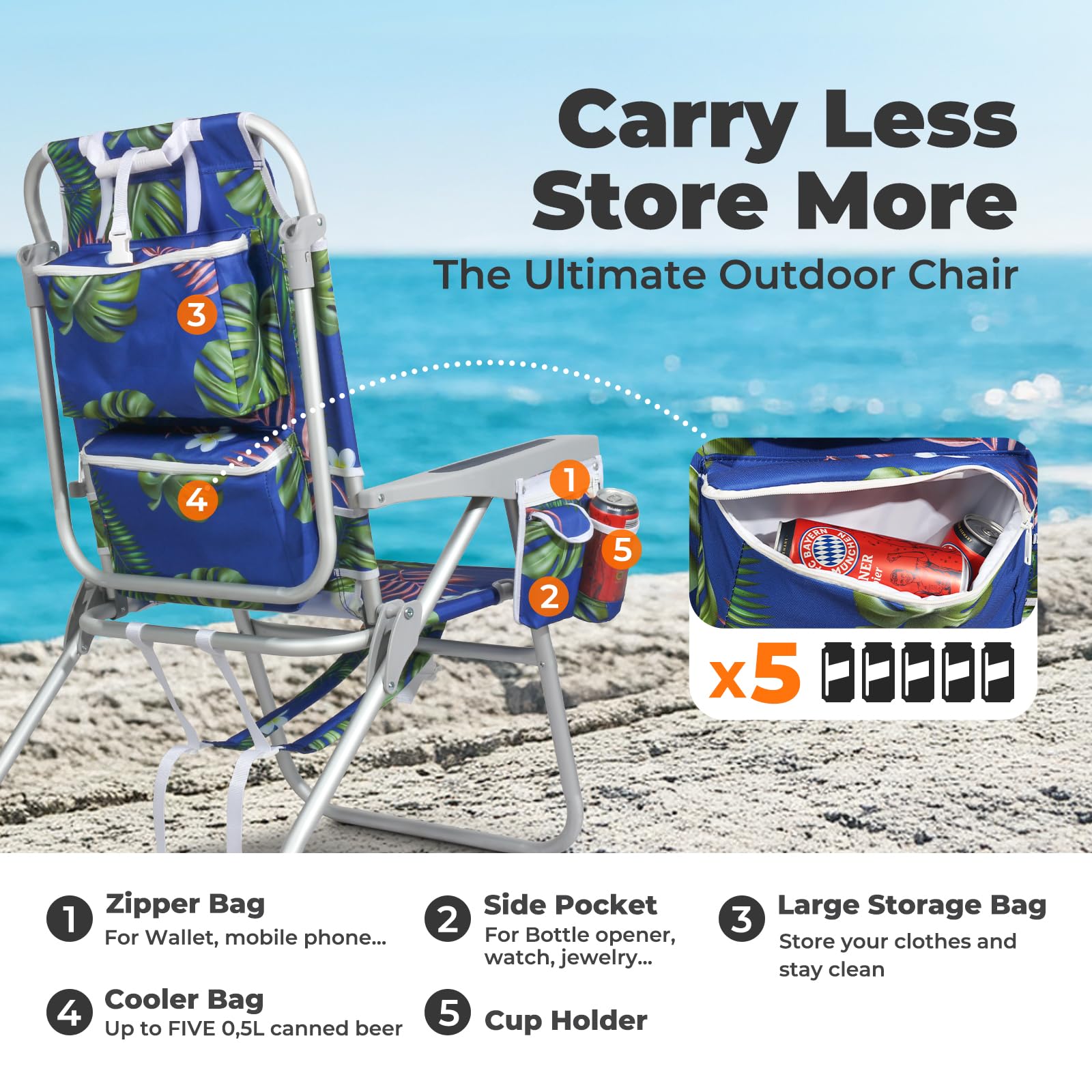 Best Tall Beach Chairs for Adults - 5-Position Reclining Backpack Chair with Large Insulated Cooler & Storage Pocket, Durable Aluminum Frame, Portable Folding Design for Travel, Camping & Outdoor Activities, Supports 300lbs - Tropical Palm Print for Beach, Poolside & Backyard Relaxation