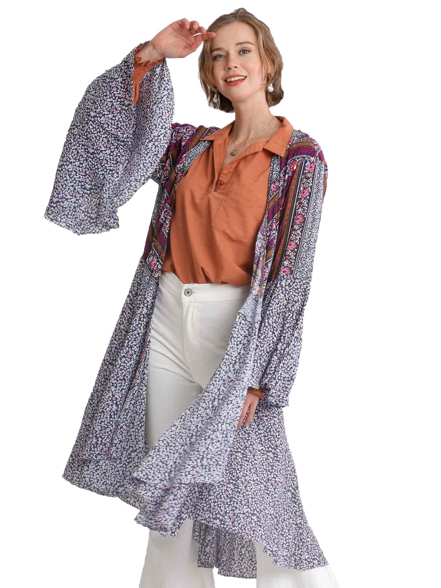 Umgee Women's Ruffled Long Kimono with Multicolored Print - Boho Beach Cover Up, Summer Cardigan for Casual Outfits & Vacation Wear