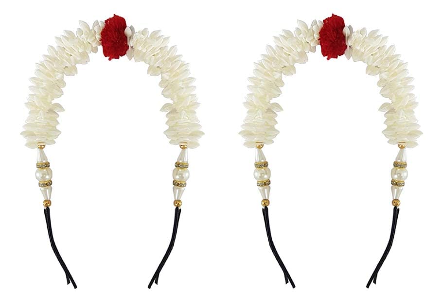 DEXO 2-Piece Artificial Garland Flower Hair Pins & Juda Gajra Set - Hair Bun Accessories for Women & Girls - Red/White - Perfect for Weddings, Parties & Festive Occasions