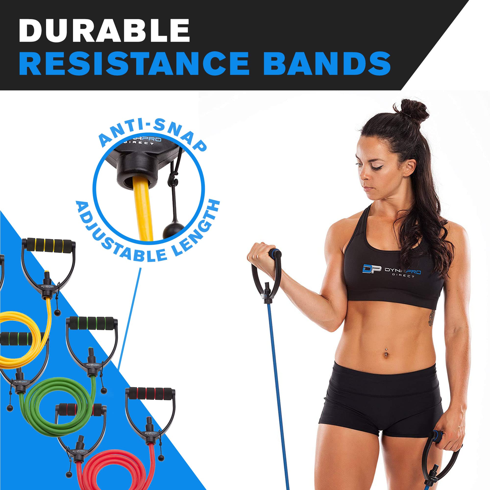 Premium DYNAPRO Exercise Resistance Bands Set - Adjustable Length with Comfort Grip Handles - Professional Grade Anti-Snap Latex Bands for Home Workouts, Physical Therapy, Yoga & Strength Training - Ideal for Gym, Fitness & Rehabilitation Exercises