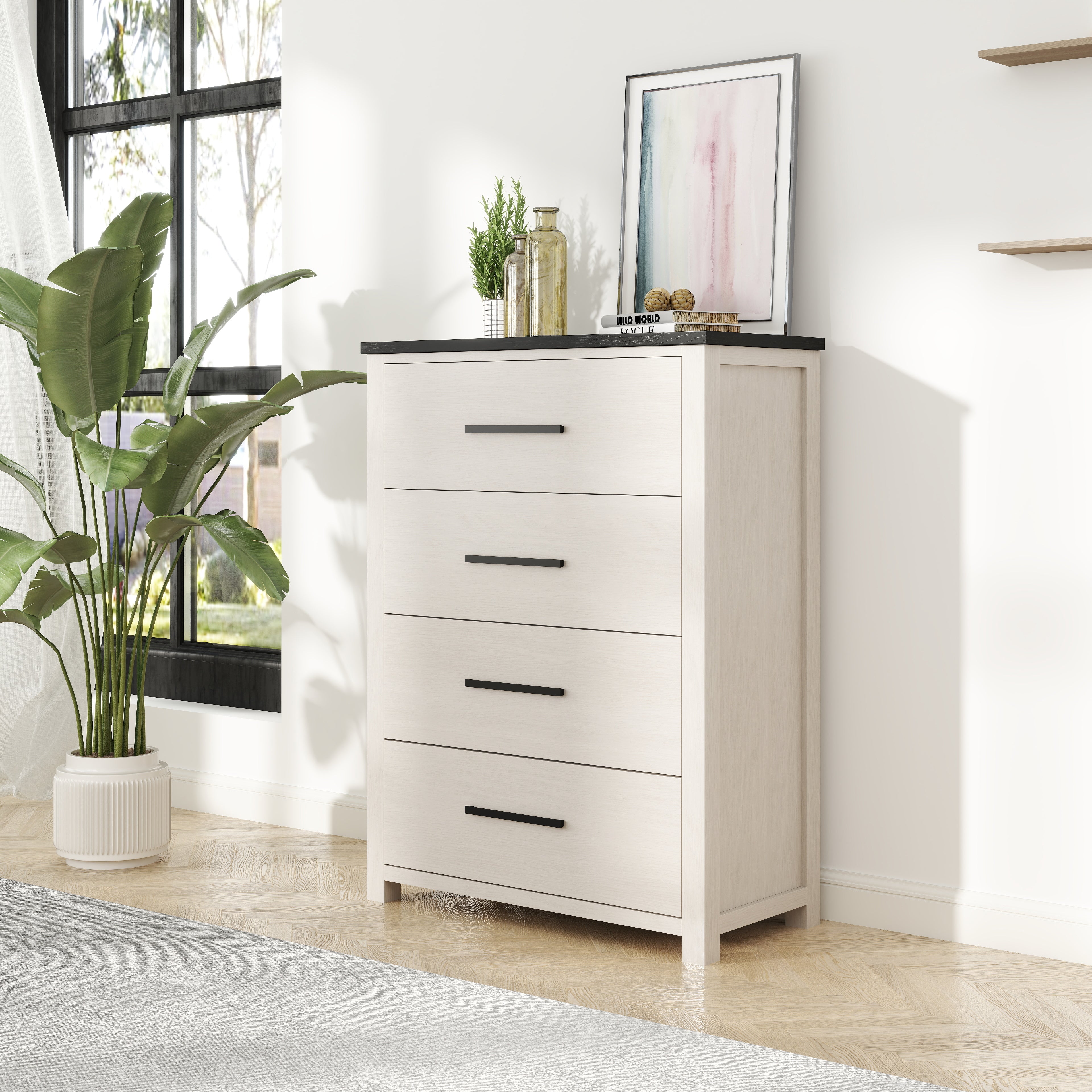 Roundhill Furniture Realynn 4-Drawer Bedroom Chest Dresser - Off White Finish - Stylish Storage Solution for Bedroom, Living Room & Nursery Organization