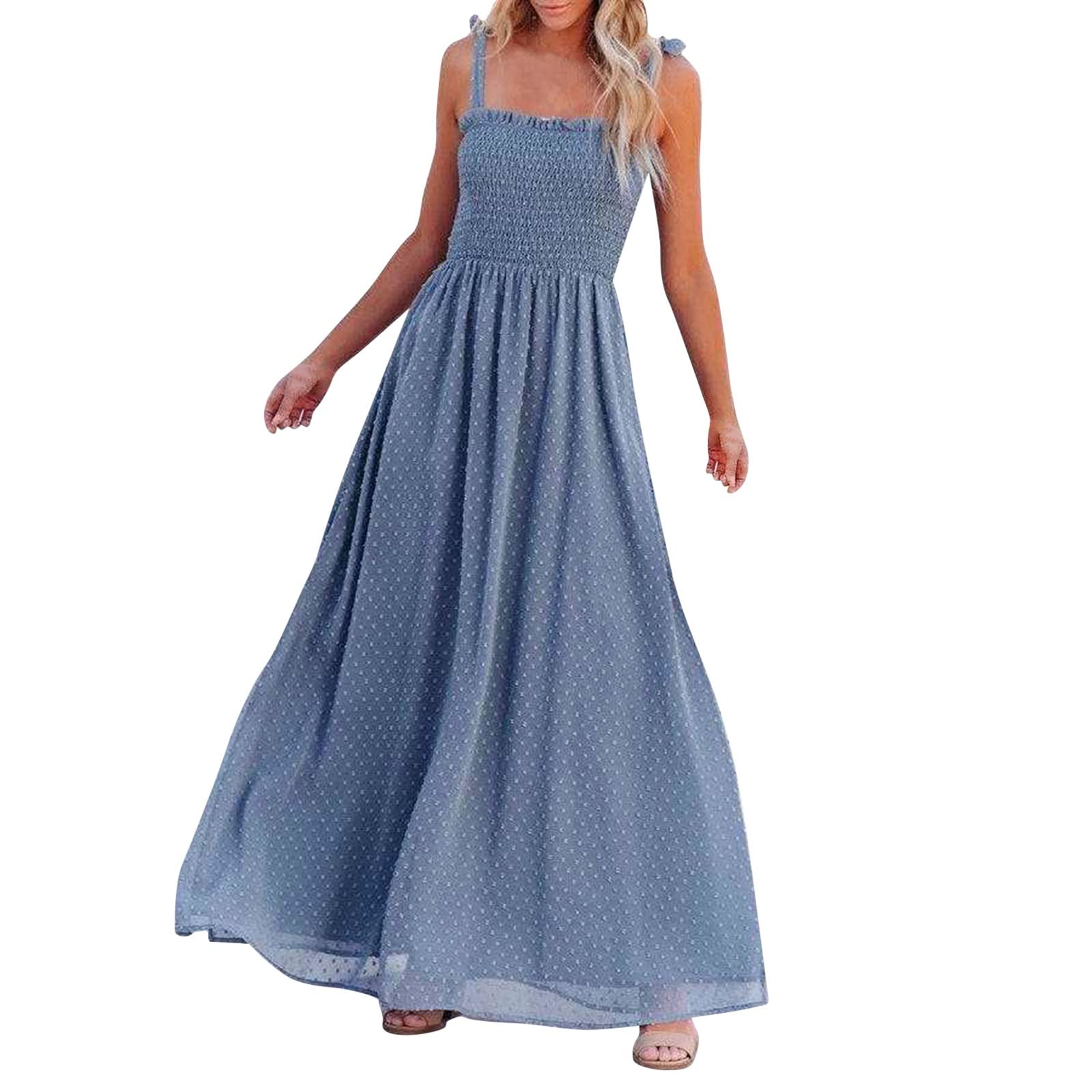 MLAGJSS Women's Casual Summer Boho Maxi Dress - Spaghetti Straps, Square Neck, Solid Smocked Swing Long Beach Dress for Vacation, Beach Party & Outdoor Date