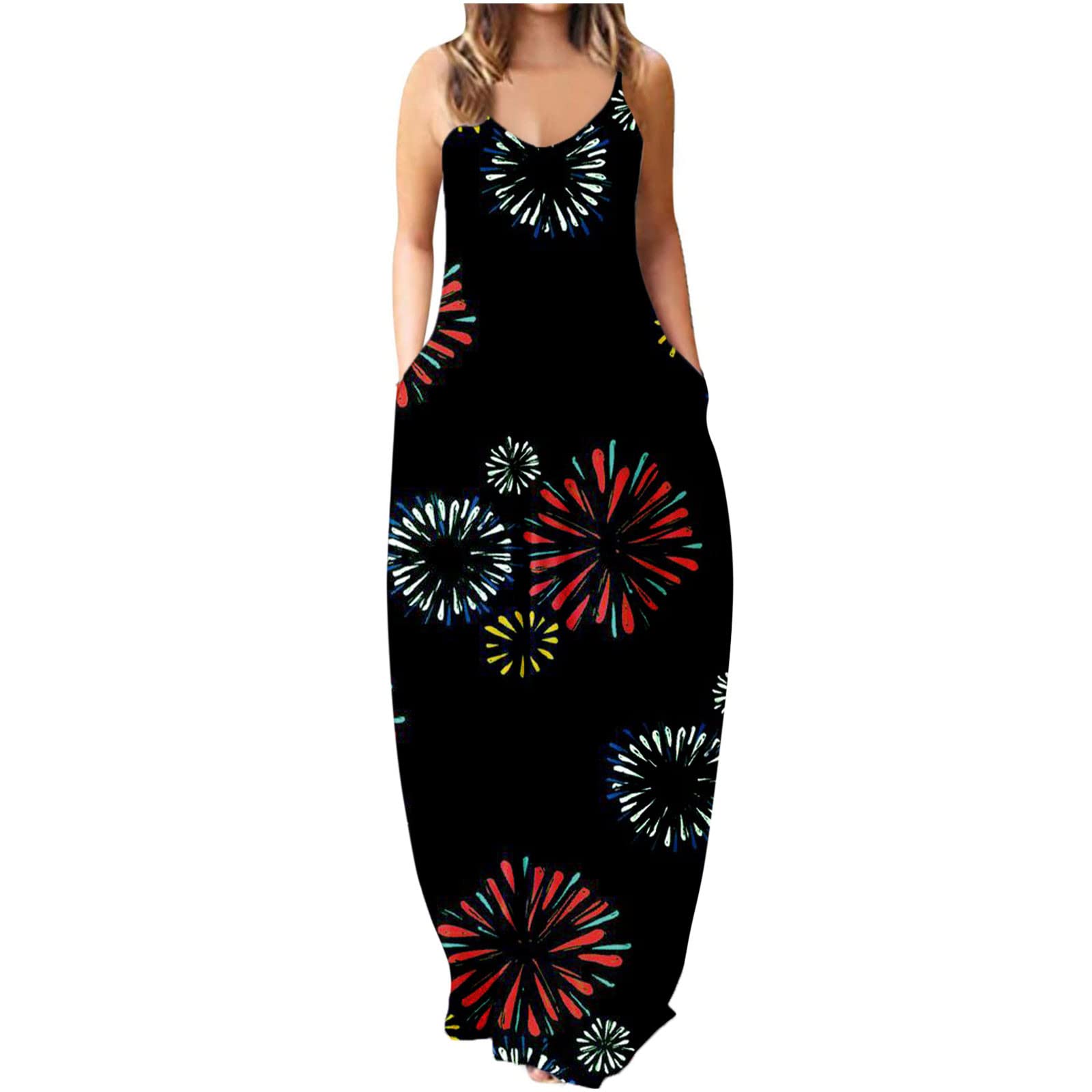 Women's Maxi Dresses - Summer Casual Sleeveless Long Beach Dress with Pockets | Flowy Boho Baggy Dress for Vacation, Party & Everyday Wear