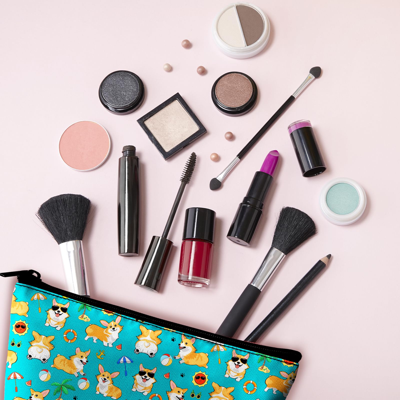 Funny Corgi Dogs Summer Pattern Makeup Bag & Pencil Case Set - Large Capacity Cosmetic Bag for Women, Travel Toiletry Organizer & Makeup Brushes Storage - Perfect for Vacation, Beach Trips & Daily Beauty Routine