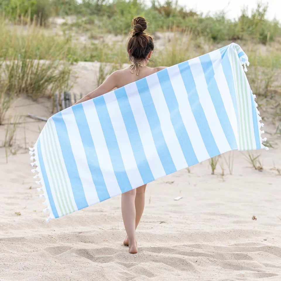Coastal Resort Stripe Fouta 2-Piece Beach Towel Set with Tassels - Soft & Absorbent for Pool, Beach, Spa & Outdoor Use